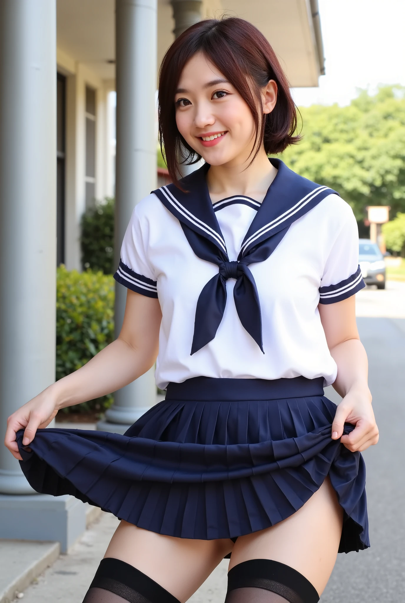 (【8k, ultra-High resolution, Premium Quality, masterpiece:1.2), masterpiece, Premium Quality, illustration, Super Detail, Exquisite description, High resolution, 【8k Wallpaper, Perfect dynamic composition, detail beautiful eyes, (((She hung up her skirt with her hands、Very Reality sailor suit texture))), full album 、 Black Stockings ,(seamless real Black Stockings 1 .1)Extremely realistic:1.21, High resolutionの写真 :1.21, HD picture :1.21, High fidelity :1.21, ( Premium Quality:1.37), 32k resolution, high dynamic range :1.5, Very Fine :1.5, 超Reality主義 :1.5, file size very large :1.5, masterpiece:1.21, Noise canceling as the original :1.5, Reality :1.5, Original photo from the last century :1.5, Japanese beauty holding a commander rod in her right hand , constellation :1.1, brown hair, HyumaもJapanese beauty holding a commander rod in her right hand{x}。 , She wears , wearing a traditional sailor outfit wearing a Tokyo school bun , White , One side short-sleeved sailor suit :1.21, Get lucky :1.21, とても Japanese beauty holding a commander rod in her right hand , navy blue pleated mini skirt , background , movie lights, crouched with her legs spread out for sex :1.5