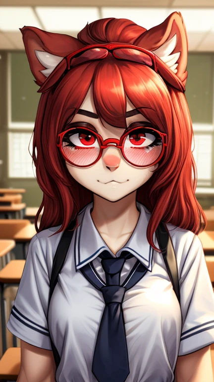 (Masterpiece), Best Quality, ultra-detailed, 1girl (Gwendolyn_Tennyson, Slender and sexy body, lovely small breasts, orange hair, long wave hair, green eyes, half-closed eyes, spectacles), a come-hither face, smirk , parted lips, nose blush, blush, facing viewer, looking at viewer, solo, business suits, business jacket, dark blue jacket, white y-shirts(buttons), necktie, pleats skirt,dark blue skirt, black lace thighhighs, in the classroom, night time, , sitting, sitting on desk, spread legs, black lace panties, come-on, lure,, Sexy waist teasing, , from_below