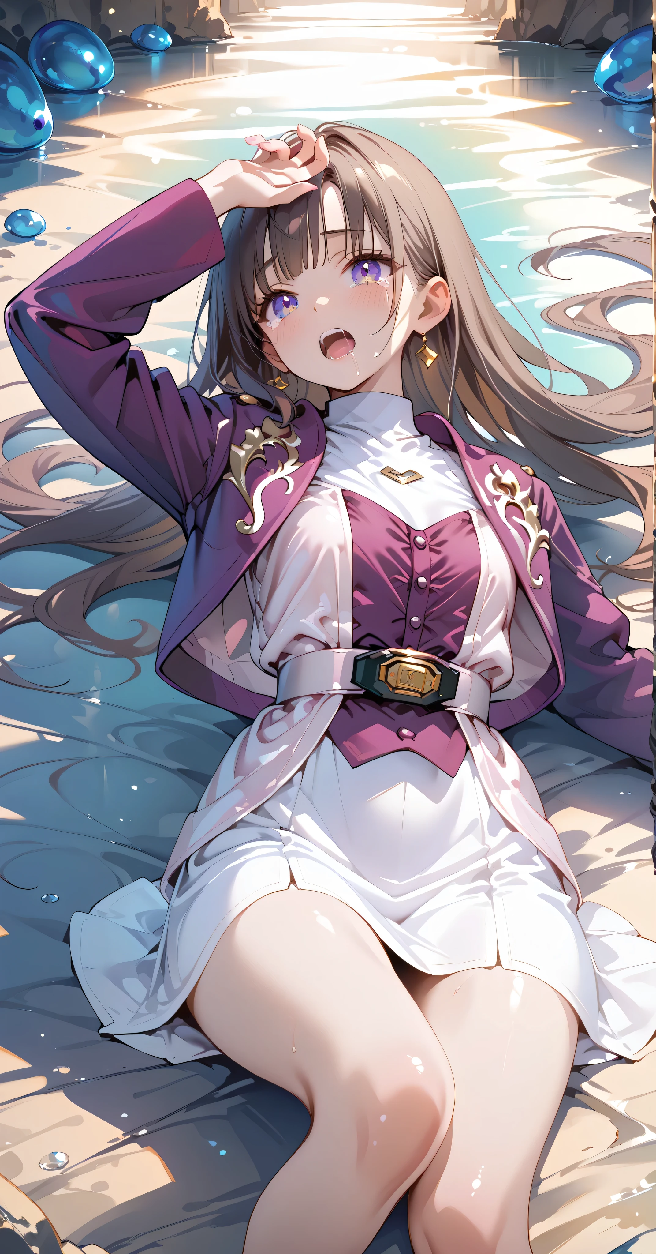 (高精細CG), (best quality), IN THE CAVE,1 girl, perfect face, wide hips, Slim waist, , purple bolero jacket,white skirt,long sleeve, Pink Belt, straight and long hair , brown hair, empty eyes,crying,has its mouth open,lying on the ground on your back,