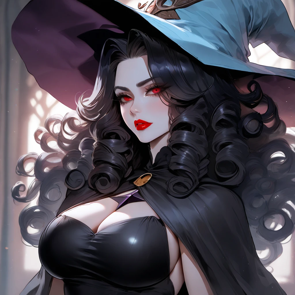 ((full body figure shot, complete body shot)) ((sexy tall gothic english supermodel)) ((beautiful face)) (red lipstick) (very dark eyeshadows make up)) ((big bright light blue eyes)) ((very long and very straight black hair)) ((very pale skin)) ((very huge breast:1.6)) ((perfect slender body torso:1.3)) ((wears fantasy black gothic witch dress, witch hat)) (()) ((choker, earrings, black stocking)) ((high heels))(())((beauty supermodel, posing sexy inside dark photo studio, magic crystals floating, fantasy decoration, gloomy ambient))(high resolution, dynamic shadows)((photorealistic:1.5)) ((masterpiece:1.3)) (8k) (perfect face) ((best quality:1.4)) (perfect hands and eyes)