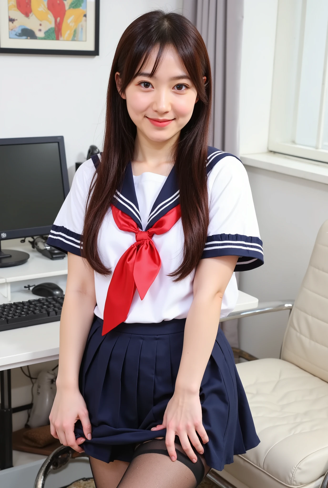 (【8k, ultra-High resolution, Premium Quality, masterpiece:1.2), masterpiece, Premium Quality, illustration, Super Detail, Exquisite description, High resolution,  【8k Wallpaper, Perfect dynamic composition, detail beautiful eyes, (((She hung up her skirt with her hands、Very Reality sailor suit texture))),  full album   、   Black Stockings  ,(seamless real   Black Stockings   1 .1)Extremely realistic:1.21,    High resolutionの写真   :1.21,    HD picture   :1.21,    High fidelity    :1.21, ( Premium Quality:1.37), 32k resolution,      high dynamic range    :1.5,      Very Fine :1.5,     超Reality主義  :1.5,     file size very large     :1.5, masterpiece:1.21,     Noise canceling as the original   :1.5,   Reality  :1.5,     Original photo from the last century  :1.5,     Japanese beauty holding a commander rod in her right hand  ,    constellation    :1.1,     brown hair,        HyumaもJapanese beauty holding a commander rod in her right hand{x}。    ,      She wears     ,     wearing a traditional sailor outfit wearing a Tokyo school bun  ,     White ,       One side short-sleeved sailor suit   :1.21,    Get lucky     :1.21,   とても  Japanese beauty holding a commander rod in her right hand  ,     navy blue pleated mini skirt , background ,    movie lights,   crouched with her legs spread out for sex  :1.5