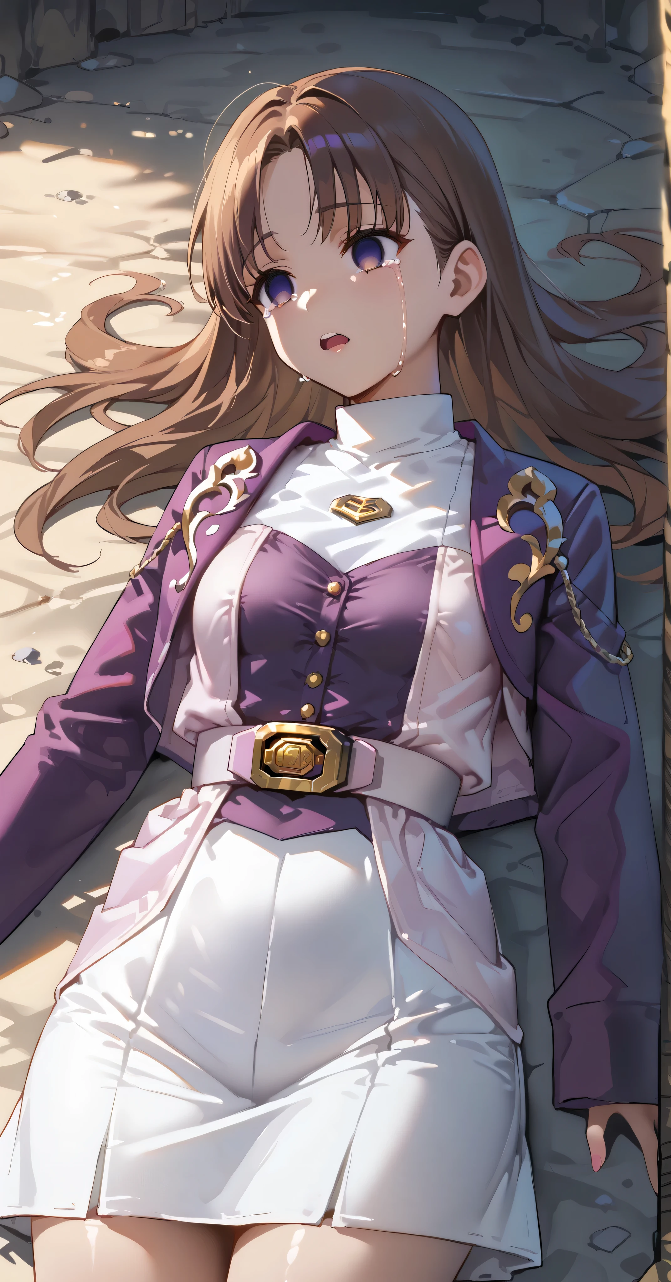 (高精細CG), (best quality), IN THE CAVE,1 girl, perfect face,  wide hips,  Slim waist,  , purple bolero jacket,white skirt,long sleeve, Pink Belt,   straight and long hair , brown hair, ((( empty eyes ))),crying,has its mouth open,lying on the ground on your back,