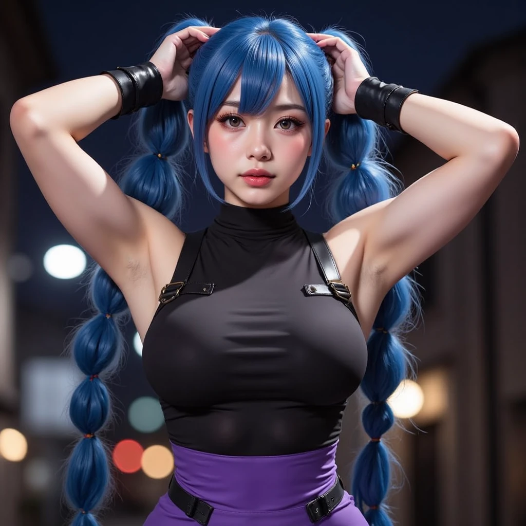 Tall idol girl、whole body、Good style, colorful multicolor hair、Shiny purple tight shorts, large crotch gap, Silver braids、、pantyhose、Sleeveless shirt, ( tight cyber belt top exposes cleavage), (push-up top) , a lot os ghetto tattoos , shy smile