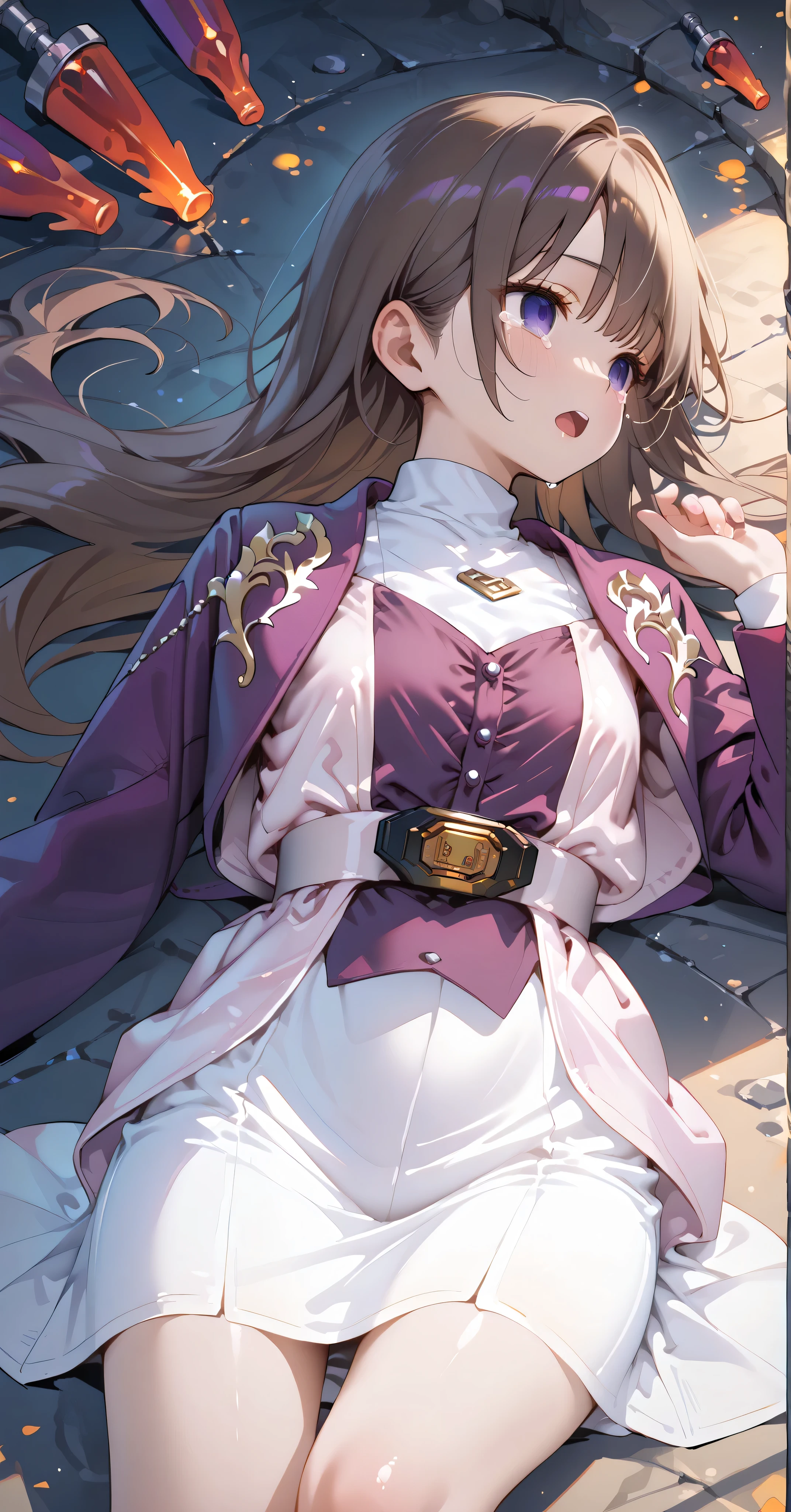 (高精細CG), (best quality), IN THE CAVE,1 girl, perfect face, wide hips, Slim waist, , purple bolero jacket,white skirt,long sleeve, Pink Belt, straight and long hair , brown hair, ((( empty eyes ))),crying,has its mouth open,lying on the ground on your back,