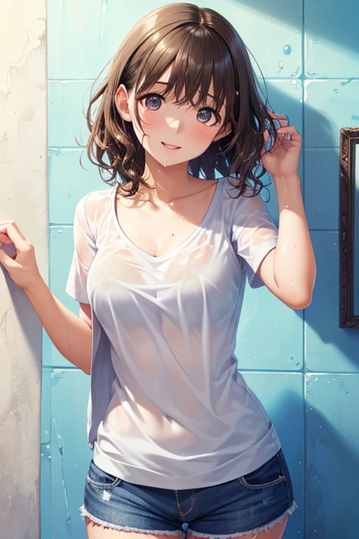 (8K、Highest image quality、best quality、masterpiece)、Detailed face、((two :2))、brown hair、short hair、brown eyes、smile、((Grinning))、earrings、((small breasts))、((pink camisole))、((Denim shorts))、Cowboy shooting、black hair、Double tail、light blue eyes、smile、((Grinning))、earrings、((small breasts))、((White camisole))、((Denim shorts))、Cowboy shooting((back alley background))、((National Science Foundation))fluid in ass、Fluid on the thighs、flowing liquid(Attractive ass:1.2),、exposed、disheveled、Clothing that fits snugly，Exposed chest、(((Wet clothing))),tube top，(((ultra-thin clothing))),(Body model),((body outline)),(Stride),grinning, blush,Hyperactive expression，Rubbing hands on crotch，raised vulva contour，saliva，