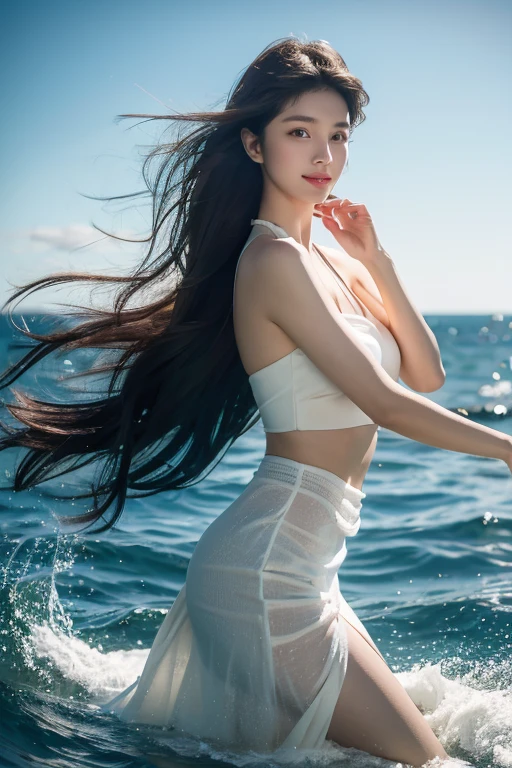 8K,Woman looking at the sea,1 超美people(Like the real thing), Sharpening of facial expressions,Blue sky and white clouds with warm sunshine, Smiling and gazing into the distance, The fine grains of sand on the beach sparkle in gold., The wind is accompanied by small waves. The distant island is surrounded by greenery, sexy, Her stunning beauty is like a ray of light, Captivating the whole of heaven and earth. . Beach dream scene, people々Make people feel like they&#39;re there, Enjoy the beauty,The perfect angle、Professional quality high resolution、Perfect contrast、Perfect lighting、Perfect composition、Perfect Skin、Perfect Fingers、Perfect breasts、Perfect Hair、Perfect Face、Realistic facial features,masterpiece,Photorealistic RAW photos,Bright colors,Rich colors,50mm lens,Nikon D850,super highest quality,Slim figure,Perfect body line,Perfect hand shape,Anatomical body balance,Highly detailed face,Highly detailed eyes,Beautiful Lips,Excellent light particles,Cinema Lighting,Makeup,Ultra-high resolution,Ultra-Realistic Skin,sexyな女性のクローズアップ,