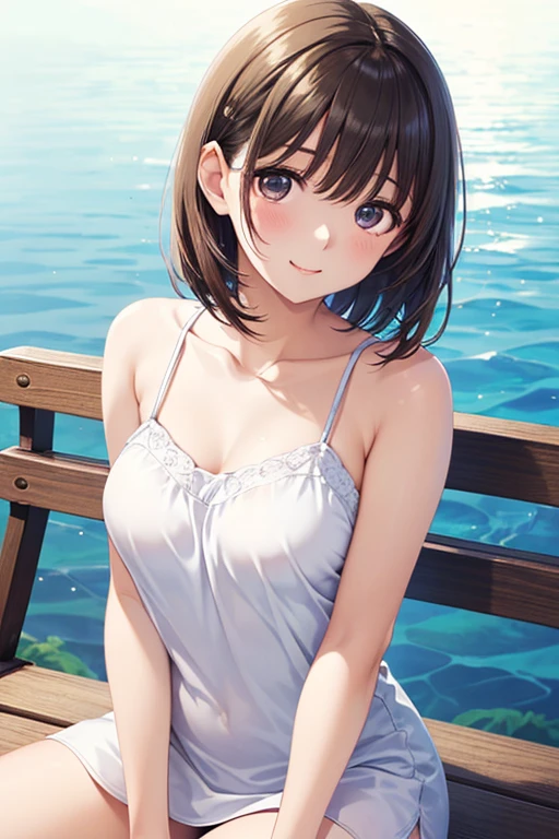 anegasaki nene、Shiny brown hair, short hair, (Beautiful brown eyes、Sparkling eyes, Fine grain)、smile、Ultra-detailed eyes、Very detailedな顔, Very detailedな目,



elegant blue dress (Background of the beach at sunset), Very detailed, Defined features,  Age 25, 
Graceful posture,  Light brown eyes, High resolution, artwork, Highest quality, Intricate details, Very detailedな, 
Sharp focus, Detailed skin, 現実的 skin texture, texture, fine grain, Professional, 4K, かわいいsmile, 
