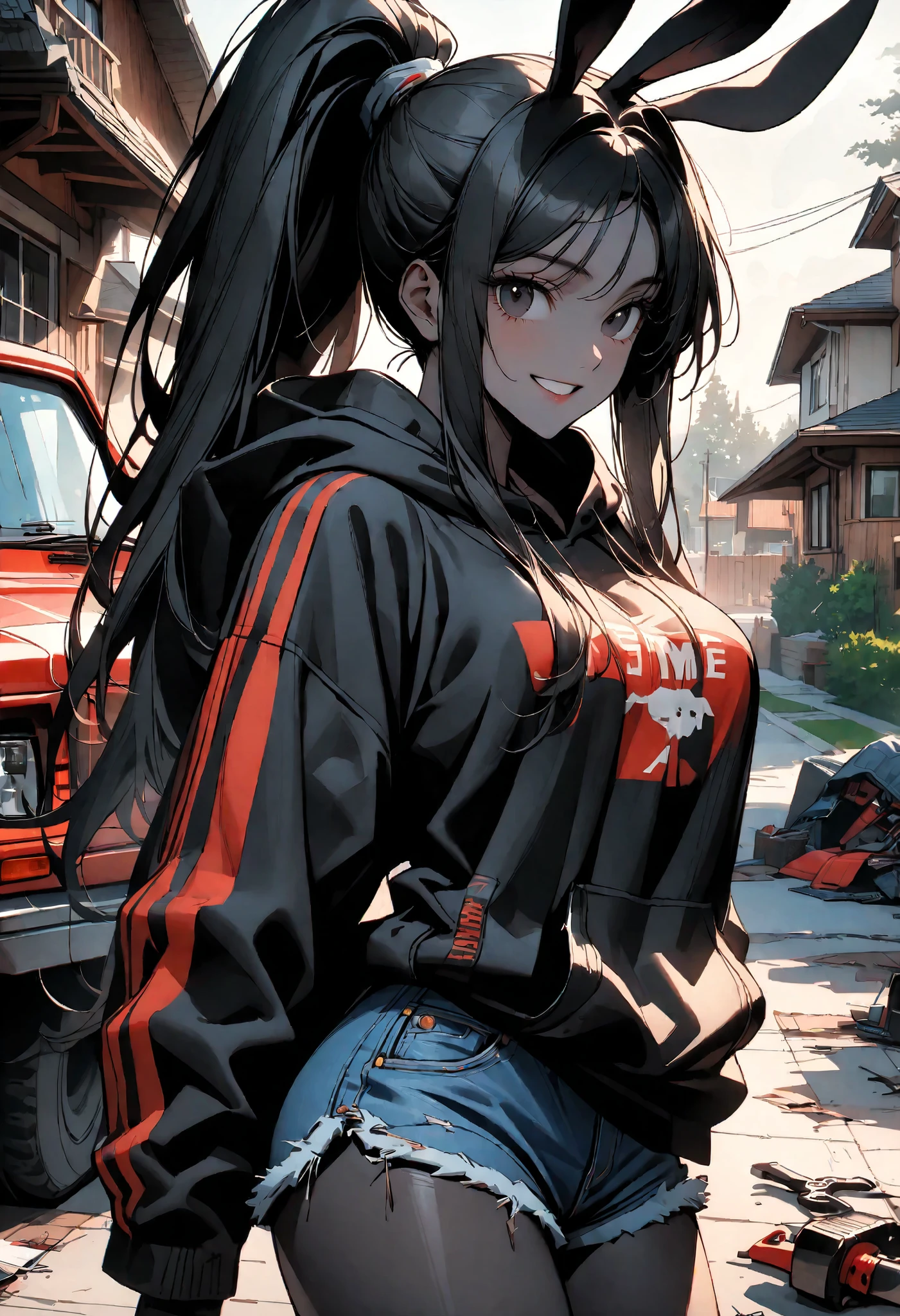 day, sunny, suburb, black skin, tools, 1990s pickup truck, red truck, comfy, driveway, rags, detailed, house, 4x4, 1girl, female, tomboy, rabbit girl, black skin, long hair, ponytail, black hair, bright black eyes, oversized hoodie, denim shorts, close up, shapely thighs, tall, curvaceous legs, broad shoulders, close up, fun, bunny ears, huge rabbit ears, black fur, large breasts, looking at viewer, fluffy denim shorts, wide smile, slim, warm light, black fur, female focus, closeup