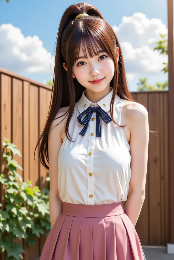 ((Ultra-high resolution)),8k,15 years old、Bending over to show cleavage、Small breasts, , Twin tails,  Red mini skirt, White shirt, Shirt front opening、Small valley 2:1,idol carving, Wet, smile、Pink Wall、sexy、thin、Shapely small breasts