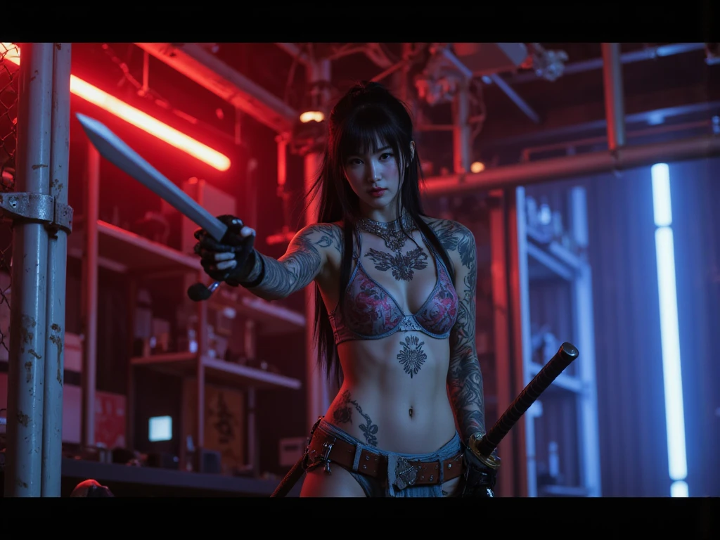 (8k, best quality, masterpiece), (realistic, photorealistic), (ultra-detailed, best quality, super-high resolution), (full body: 1.4), (female spy: 1.1), (pretty face, idol: 1.3), symmetrical portrait of gangster, best quality, black hair, short hair, surreal, perfect anatomy, (lots of people in background, japanese city, tokyo downtown, crowded background), wet and shiny white skin, model figure, ahegao, (oversized jeans), soaking wet, perfect body, tank top, natural light, cyberpunk city, neon lights, urban tech wear, (holding a large odachi sword in hand, holding the hilt of the odachi sword in hand, standing with a samurai sword: 1.3), (tattoo, japanese tattoos all over body: 1.5), red lips, red high heels, choker, necklace, earrings, (highly detailed: 1.4), front view, looking at camera,