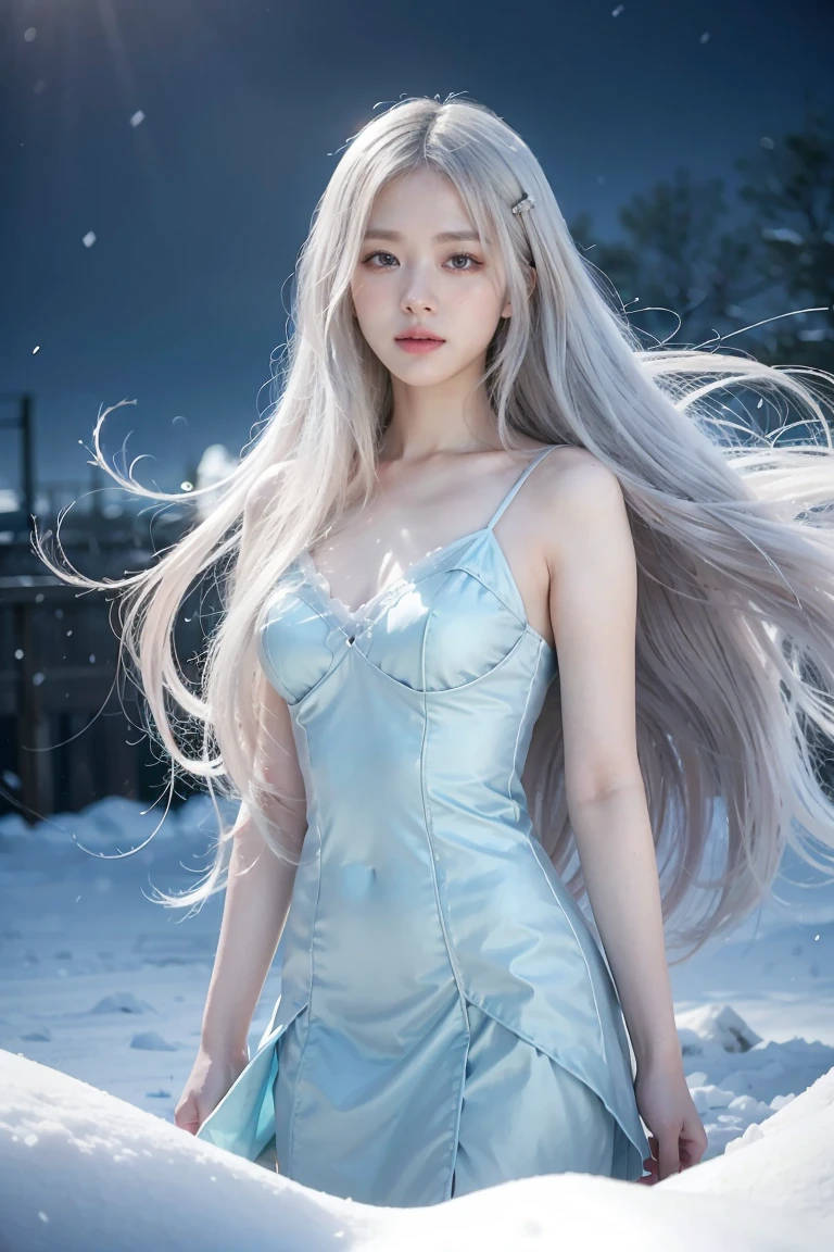 anime girl with long white hair and a blue dress in the snow, white haired deity, white hair floating in air, anime fantasy illustration, flowing white hair, beautiful young wind spirit, beautiful fantasy anime, glowing flowing hair, ethereal anime, beautiful anime artwork, beautiful digital artwork, anime fantasy artwork, ((a beautiful fantasy empress)), 2. 5 d cgi anime fantasy artwork