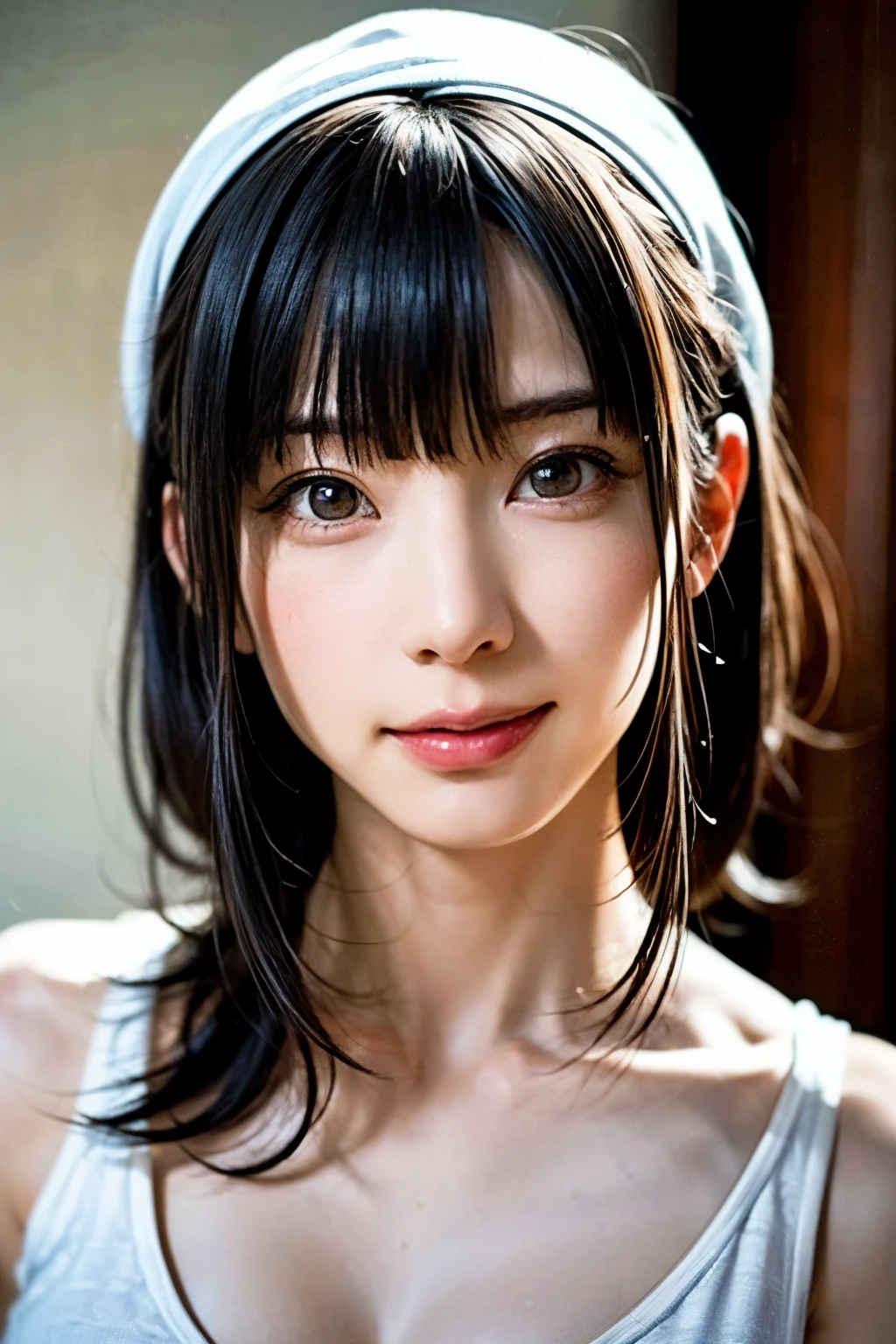 Highest quality, 8K,  ,masterpiece :1.3)), In-person audience,((Whole body 1.2)) ,Beautiful woman, Wide Shot ,One girl, , Selfie   , Black Hair, Brown Hair  , bangs,Highly detailed face, Highly detailed lips, Fine grain, double eyelid