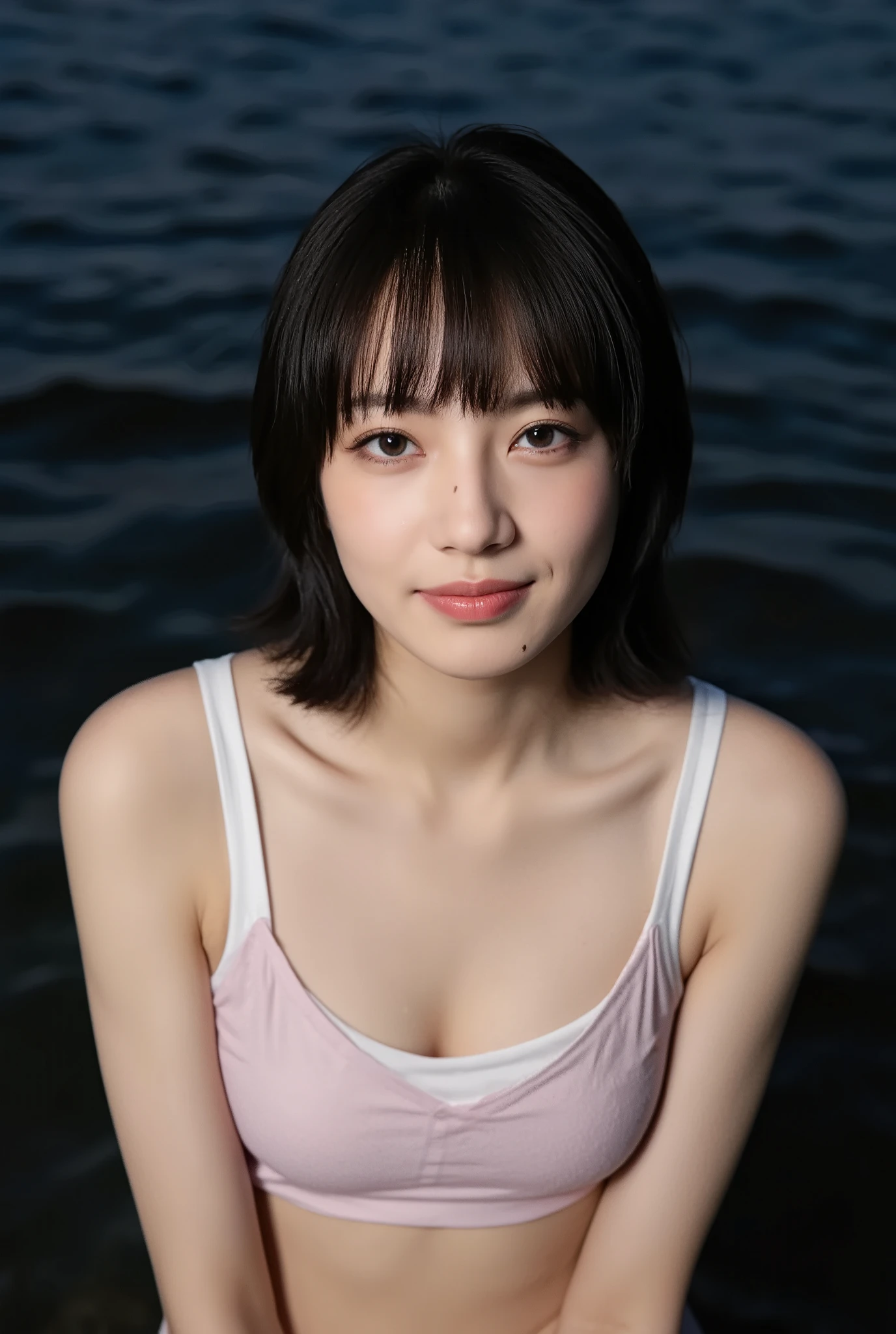 ((A mature adult woman is standing in front wearing a bra)),beautiful black hair, realistic person images in dark waters,Realism,best quality,mastepeice,best quality,best quality,highest resolution,FINE DETAILS,Beautiful detailed face,black eyes,realistic skin, Exact Upper Body,Realismのある肌,smiles,very large breasts,In a typical bedroom,Indoor bedroom ,