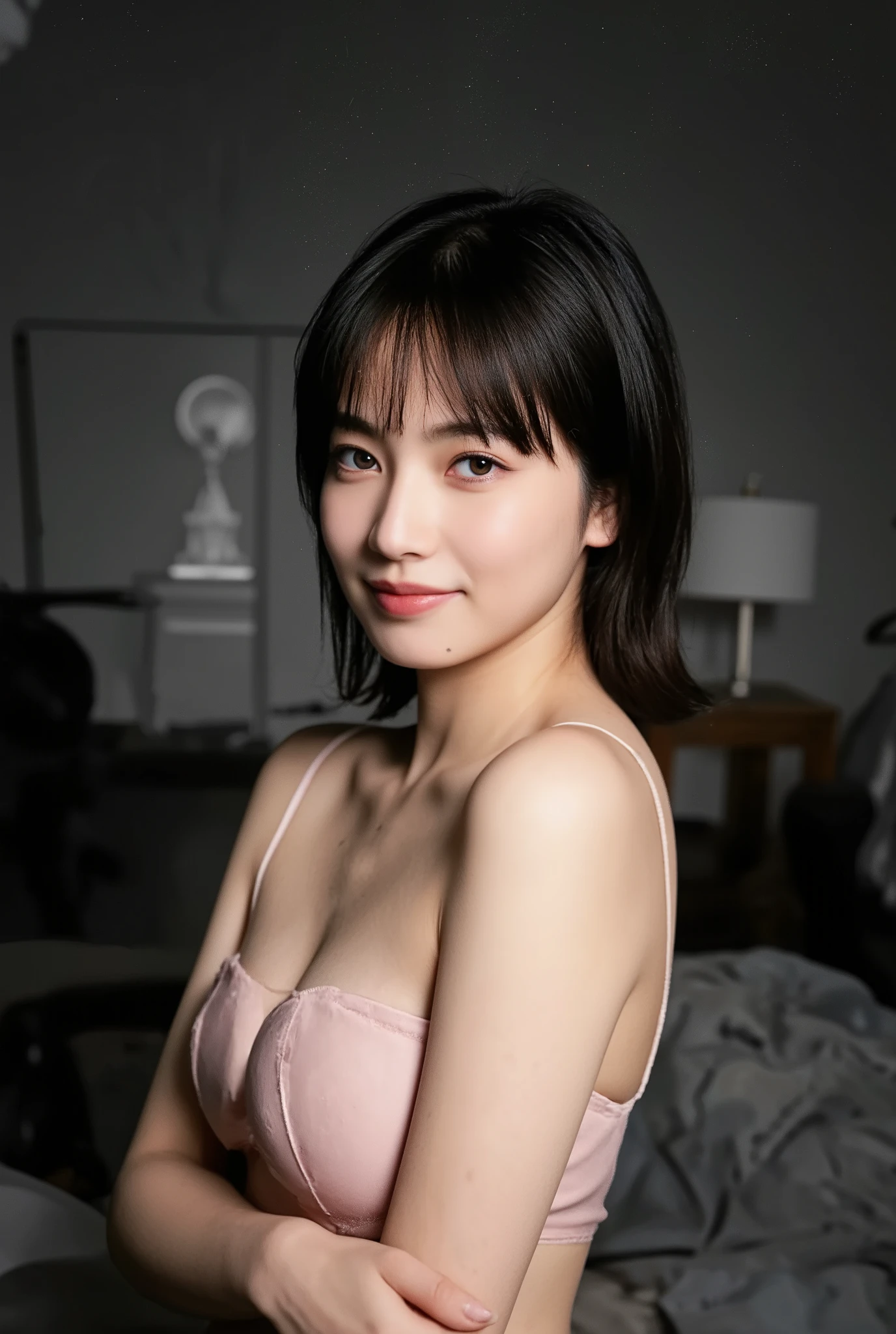 ((Top Quality, 16k, Masterpiece: 1.3)), Slender Beauty 1 Woman, C-Cup Breasts: 1.1, Slender Abs: 1.1, (Ultra Detailed Face, Highly Detailed Lips, Detailed Eyes, Double Eyelids, Black Long Straight Hair, (Kneeling: 1.2), Open Mouth, Dark Green Lace Underwear: 1.3, From Top, Sharp Focus: 1.1, looking at the camera