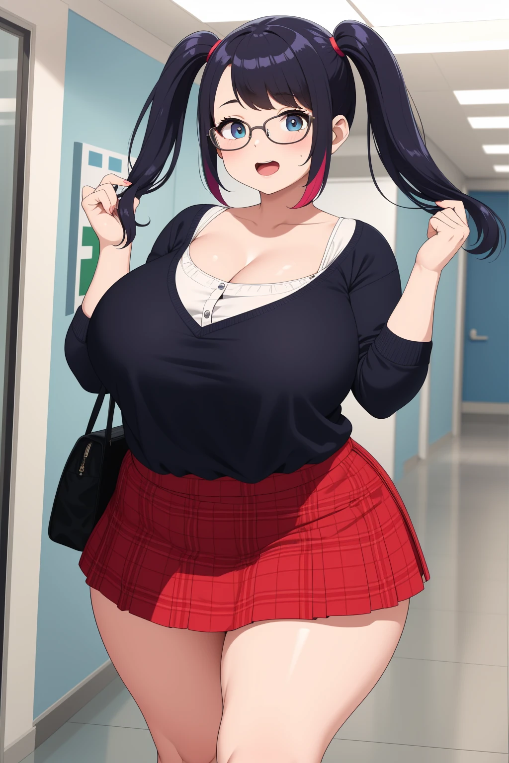 (((kipteitei art))), ((masterpiece)), (((best quality))), ((ultra-detailed)), (((illustration))), (1girl), (solo), ((Line art)), (in the style of cell shaded), (vivid colors), skindentation, short hair, {black hair}, ((hair over one eye)), (Fluffy hair), messy hair, looking at viewer, green eyes, blush, warm smile, nervous, affectionate, cute, goth girl, sweating,out of breath, ear piercing, choker, ((black crop top)), plaid skirt, (short skirt), thigh highs, black arm warmers, medium breasts, cleavage, ((wide hips)), ((((thick thighs)))), (chubby belly), belly rolls, navel, dynamic pose, simple background, standing, angled facing, facing to the side, mall, stores, in public,