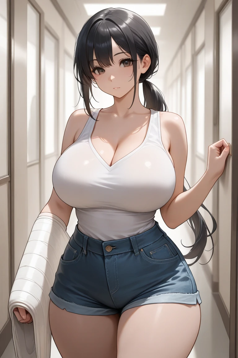 Anime girl in uniform talking on mobile phone, nagatoro, magical school student uniform, Hinata Hyuga, Smooth Anime CG Art, shikamimi, 4k highly detailed realistic, Photo of a beautiful 18-year-old Anglo-Saxon sweaty girl ((Sharp jawline)) and perky tits, Wearing wet clothes standing by the bedroom window、In a deep wet sports bra with a neckline