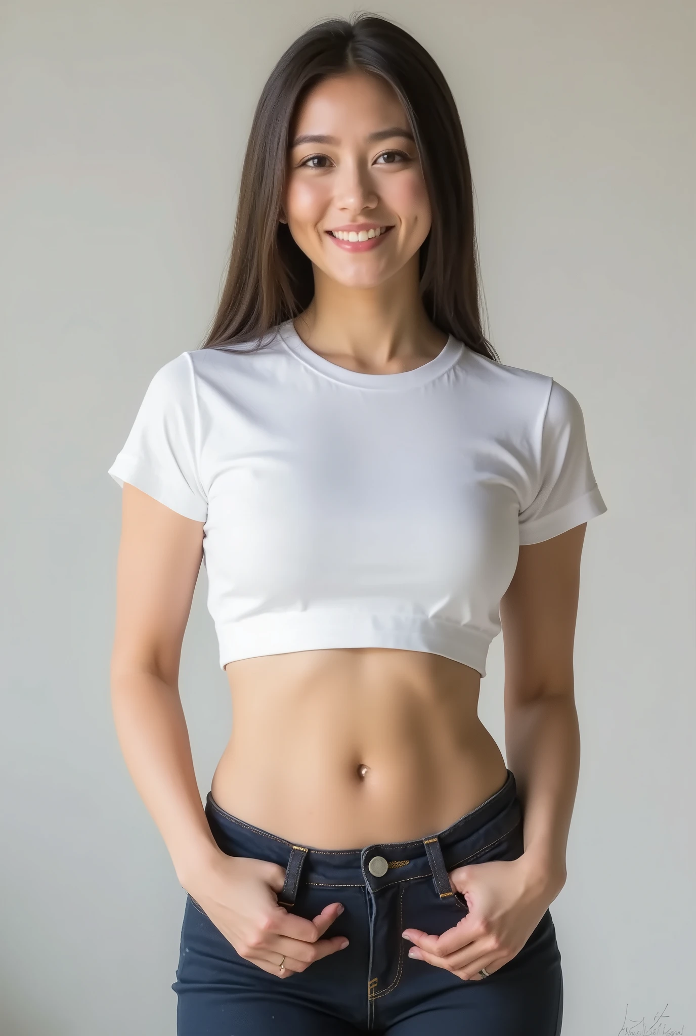 Fitted T-shirt、thin waist。active pose、Pleasant facial expression、no bra
