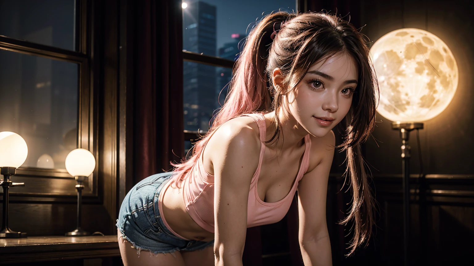 A young korean woman with messy two ponytail brown hair and a serious expression sits on the floor indoors, the legs spread aparts, leaning against a large window, the forest outside. She is wearing a bright red shirt crop rolled up sleeves with text, left open show her bare big bust wearing gray thin strapped bra halter neck, also wearing gray thin strapped gstring. She has tattoos cover on her left arm and is accessorized with a watch, a bracelet, and a necklace, grey socks. The lighting is dim, creating a moody and intimate atmosphere. Her pose, with hands hold her hair , adds a sense of casual yet intense focus.