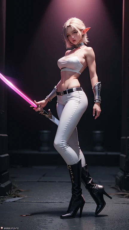 araffes in a futuristic setting with a sword and a woman in a dress, film still of kim kardashian, white gold color palette, tokio futuristic in background, wearing a pink ballroom gown, tekken, björk, gemma chan, janice sung, blonde female jedi, gloss, lilac --ar 16:9 --auto --s2