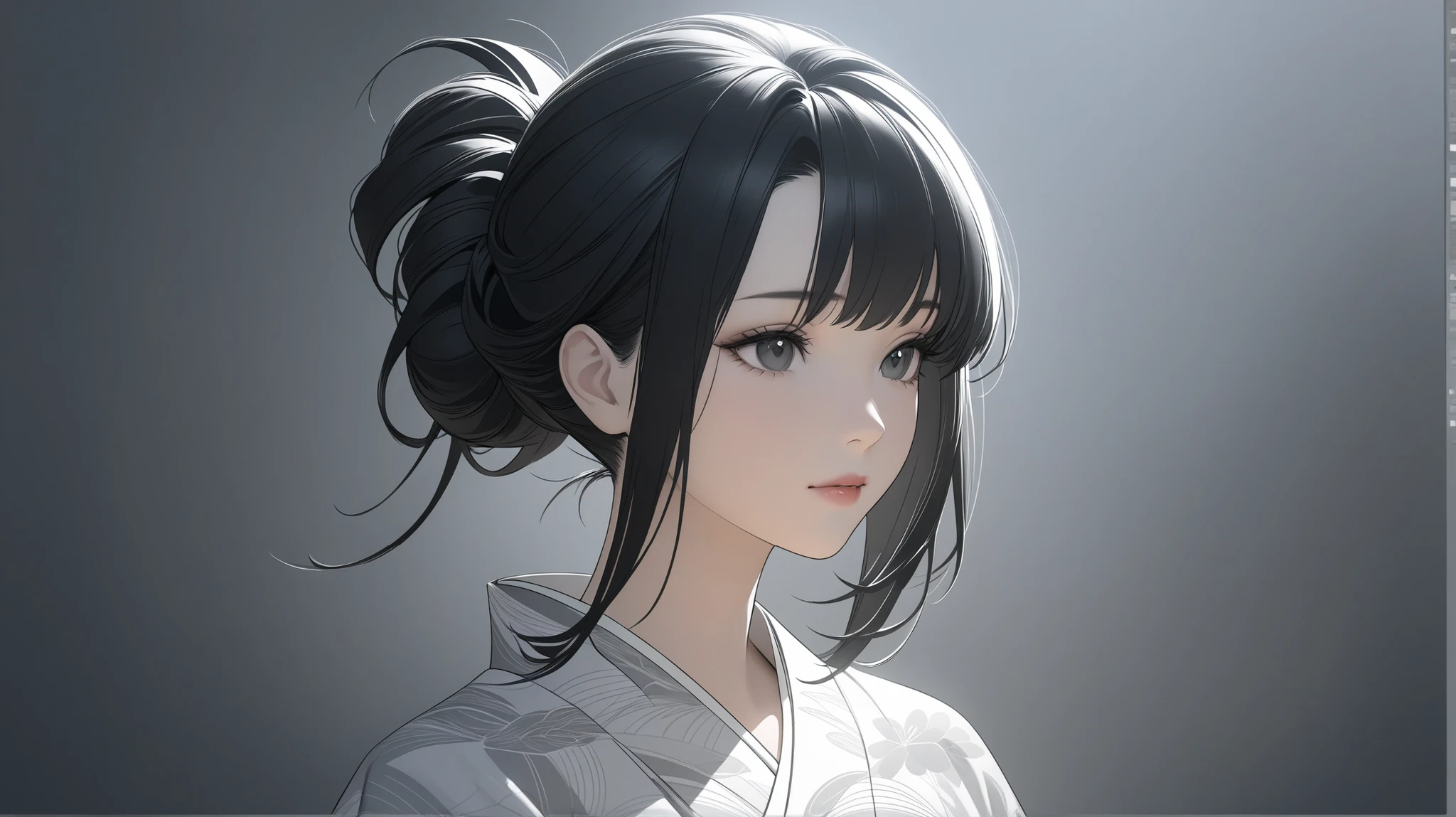 lose-up portrait of a graceful anime woman with long black hair in a traditional Japanese hairstyle, no sunglasses, wearing a subtle kimono with modern flair, soft expression with dignity and elegance, monochrome color scheme (black, white, gray), soft lighting, clean background, detailed line art, ultra high resolution, artstation style, ultra realistic anime style.