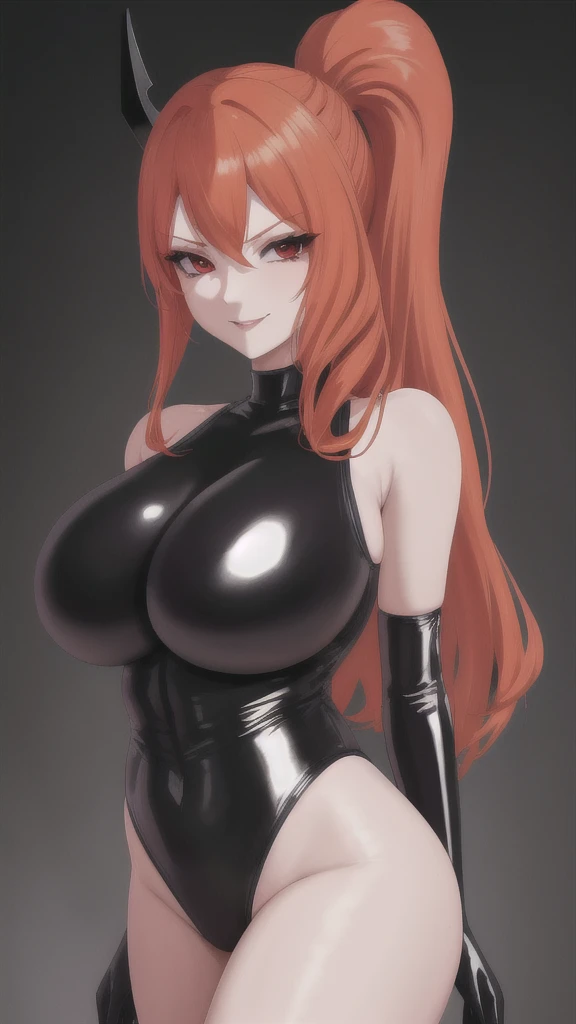 (masterpiece:1.2, best quality:1.2, beautiful, high quality, highres:1.1, aesthetic), detailed, extremely detailed, ambient soft lighting, 4K, perfect eyes, perfect face, perfect lighting, 1girl, long hair, solo, RanmaChan, red_hair, (single_braid), blue_eyes, 1girl, solo, huge breasts, huge ass, huge thighs, narrow waist, wide hips, thick thighs, leotard, collar,blushing,sweating, (breathing hard), (panting), anime, smile, hands on hips, smile, simple background, (best quality), ((masterpiece)), (highres), original, perfect female body, perfect breasts, perfect hips, perfect anatomy perfect hands, extremely detailed wallpaper, (highly ultra detailed face and hair and skin and eyes and finger and background and hair:1.2)