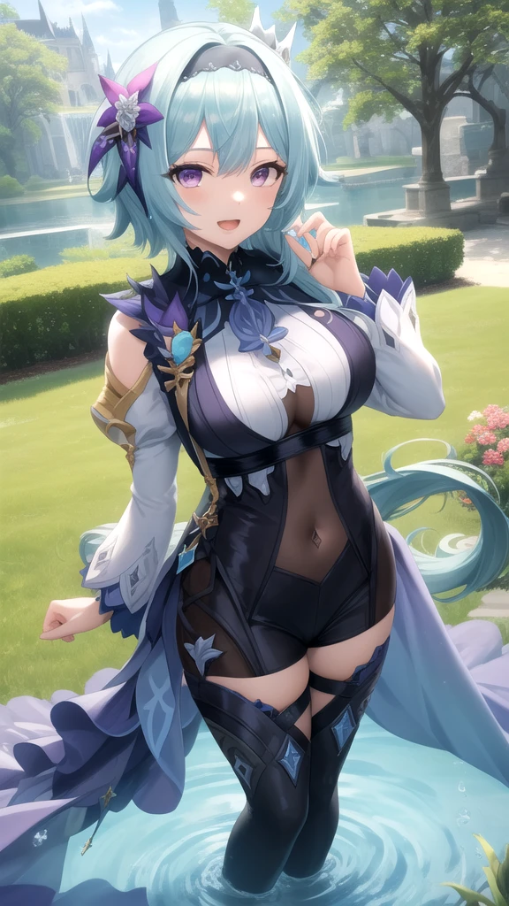 create a full-body female Genshin Impact character, with medium hair down to the waist in pink, skin fair, green eyes mixed with purple, her clothes at the top are a dark green bodysuit along with a semi-decorated dress in green and white., part of the dress covers the shoulders but half leaves the front uncovered, showing the dark green bodysuit, she is from the dendro element, she&#39;s flying with a little smile