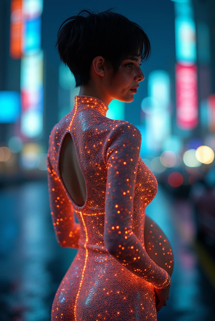 ((fully body):1.5), ((1woman):1.2), Linda, sexly, big breasts, chest grid, Waist slender, wide hip, thick and well-defined thigh, red and blue metal alloy, (CircuitBoardAI Dress, ((vaporous:1.2) (transparentes:1.2) (offwhite: 0.6) (chiffon) (crop-top) grabbed (humida: 1.4) Skinned ): 1.2))), neon intricate details, extreme richness in detail, raining weather, corpo humida, sweaty