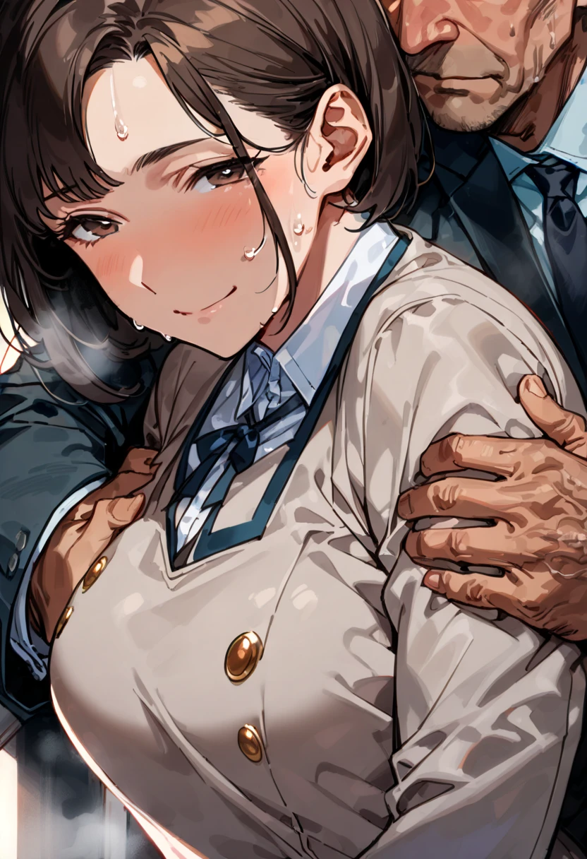 (1 old man, grab someone else's chest, groping, hetero:1.2), highest quality, High resolution, 1 girl, focus only, (beautiful chest:1.2), it is in it, magenta polo shirt, black pants, blush, embarrassing, (from below:1.2) Short hair, black hair, sexual harassment, arms crossed behind, old man behind