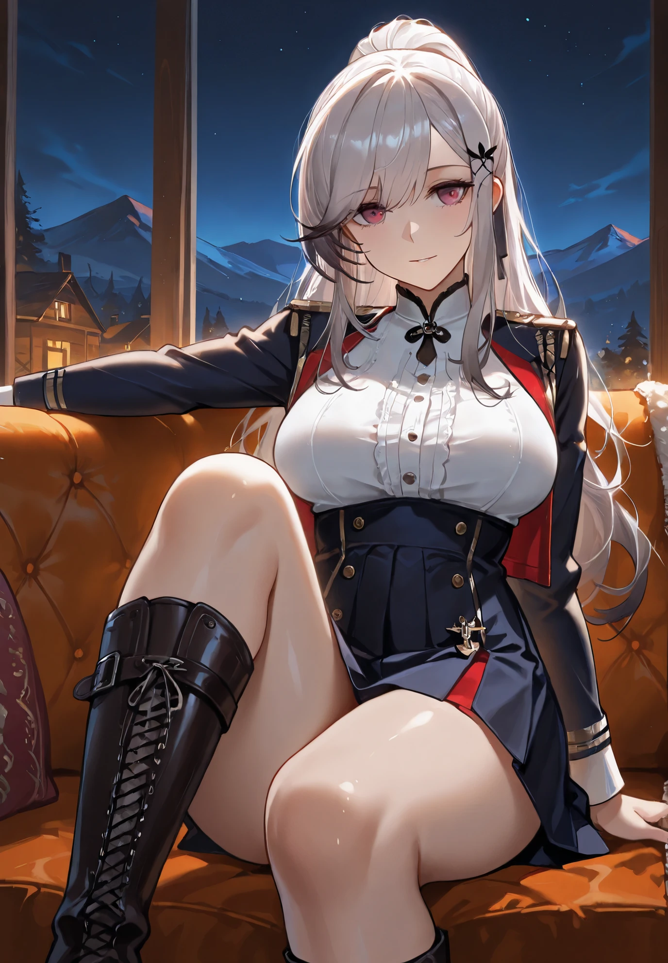 score_9, score_8_up, score_7_up, 1girl, solo, adult,female focus,dmc3dante, white hair, long hair, blue eyes, red jacket, black jacket, black shirt, black skirt, short skirt, black pantyhoses, open clothes, opened shirt, cleavage, standing, belt, smile, lying on side, from side, head resting on hand, looking at you, hell, desolated place,