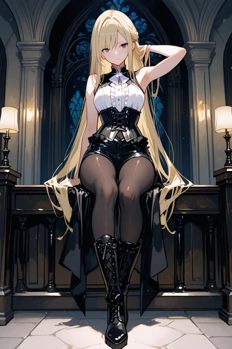 masterpiece, Excellent image quality, High resolution, 4K images ,whole body, Young blonde woman, big butt, city at night, dark city, city in ruins, medieval European street, gothic building, outdoors, stairs, sitting on stairs, glaring, sharp eyes, black cloak, shadows around eyes, buttocks, Big Ass Vagina, Big Breasts, Beautiful Face, Long blonde hair, Blue eyes, stern face, Choker, white button-down, long-sleeved white shirt, black gloves, Gloves to cover your hands, Black leather corset Shiny black leggings 