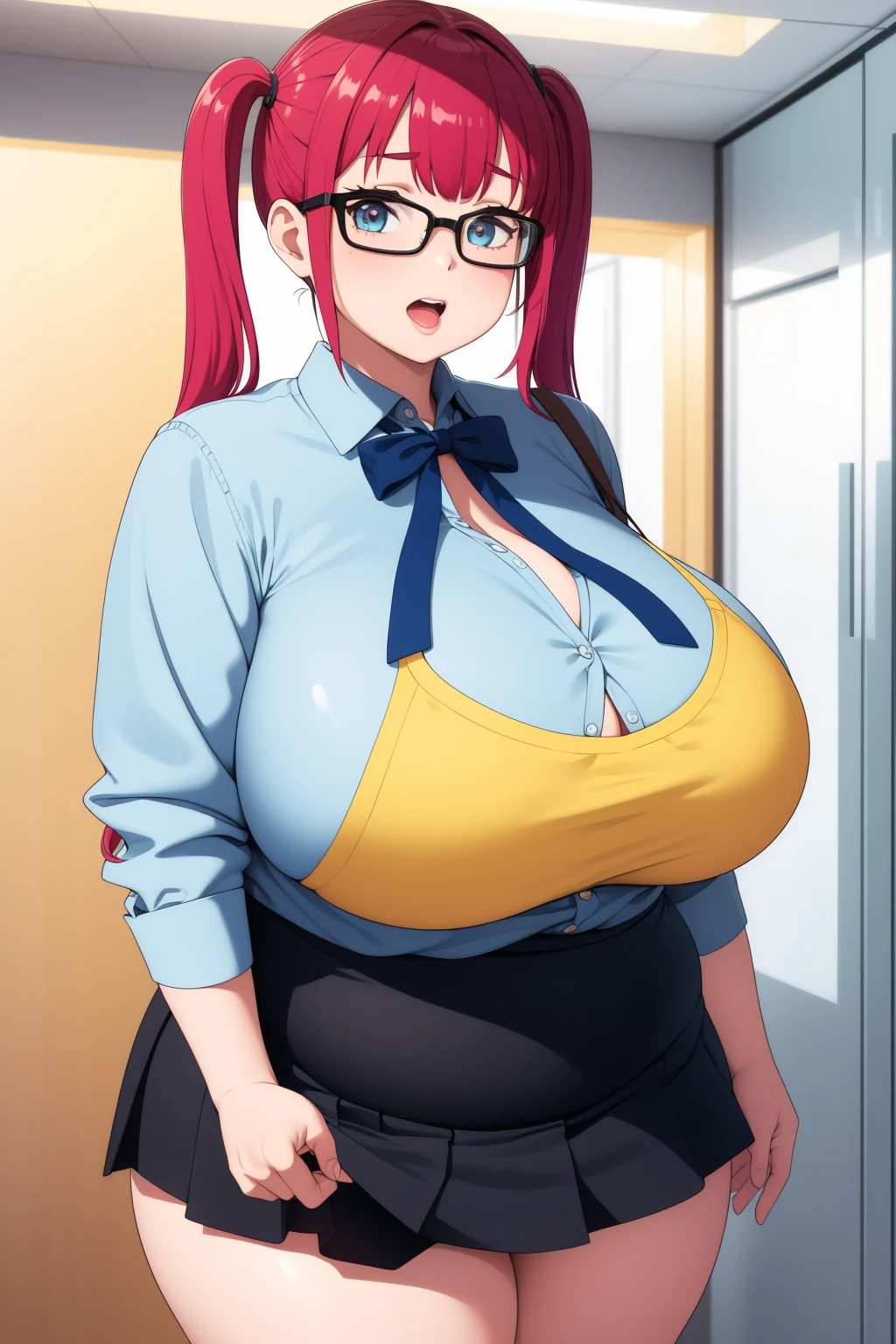 Cho mikyung,in a red suit, skirt, white shirt, high quality,4k, 1girl, secretary, Best quality, masterpiece, cowboy shot, orange hair, green eyes, tight cloth, pencil skirt, office, kneeling. full body (NSFW breasts), hdri, extremely naked, nude, nua, pelada, nsfw, gigantic breast 1.9