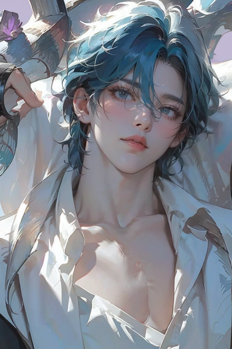 ((Best quality)), ((masterpiece)), (detailed), ((perfect face)), ((halfbody)) handsome face, male, teen boy, perfect proportions , a character from anime groove adventure Rave, blue hair, male version , hiro mashima art, detailed ghibli forest background, detailed ghibli scenery background
