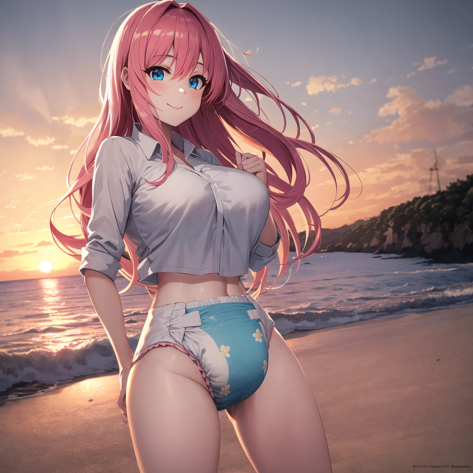 Blue-eyed girl standing on the beach in swimsuit