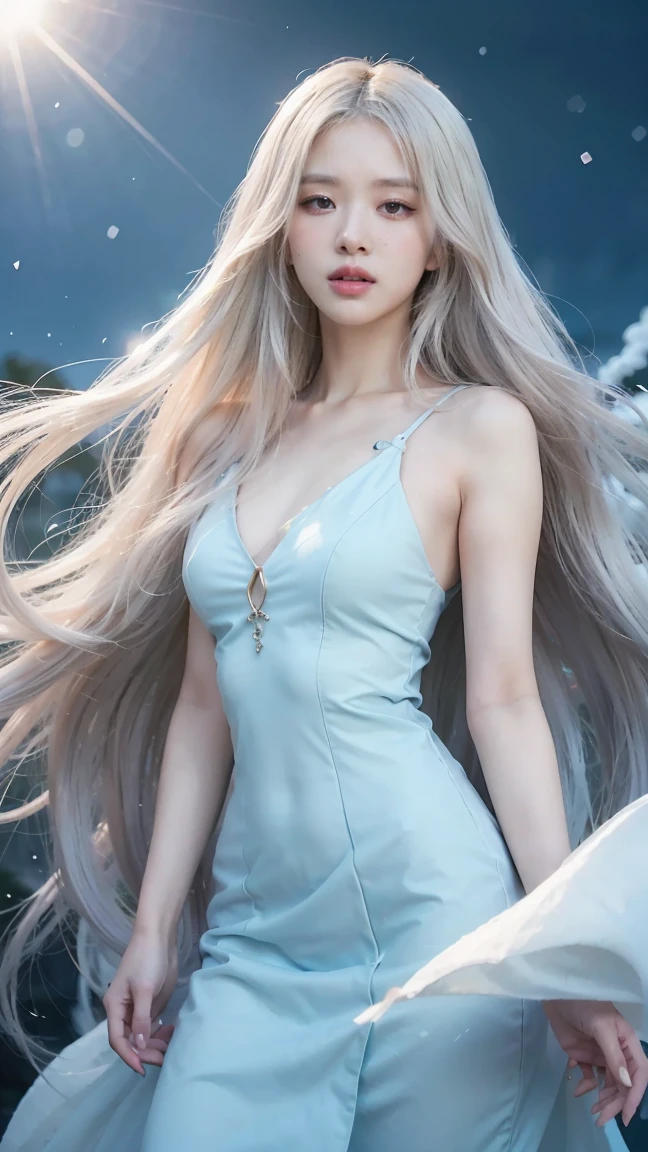 A beautiful empress, Soft, creamy skin, expression of deep wisdom in her eyes, dressed in a luxurious white robe, holding a quiet, luxurious robes billowing in the breeze. Long silver hair fluttering in the wind, the robe fits the figure perfectly. Masterpiece, cinematic style, 8k, digital art.