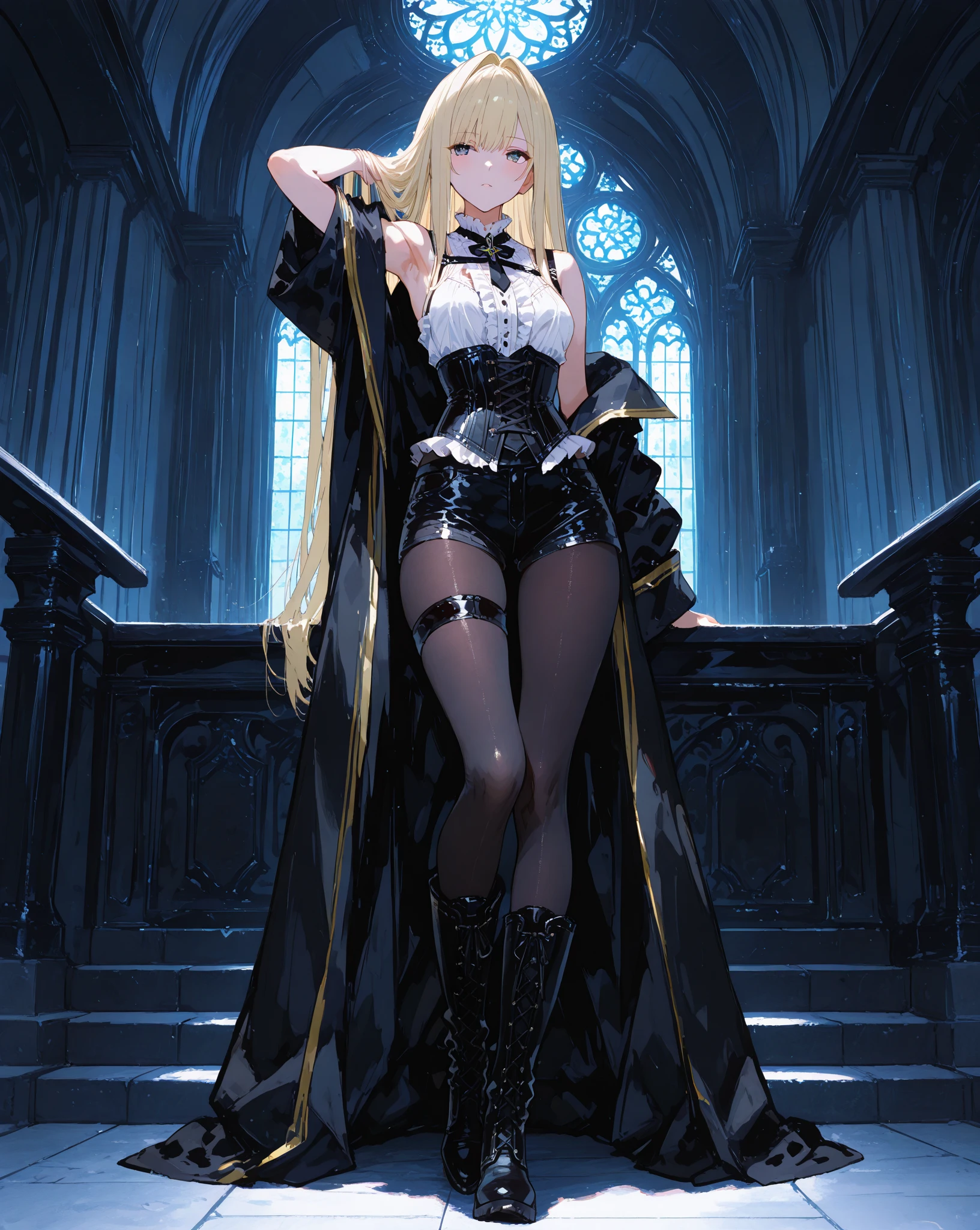 (masterpiece, beautiful, High resolution),One Woman、Dancing Alone、Realistic depiction、In the dark church at night、Black clothes、Black slit skirt、Black thigh-high socks、High heels、16K、beautiful胸、Black blindfold
