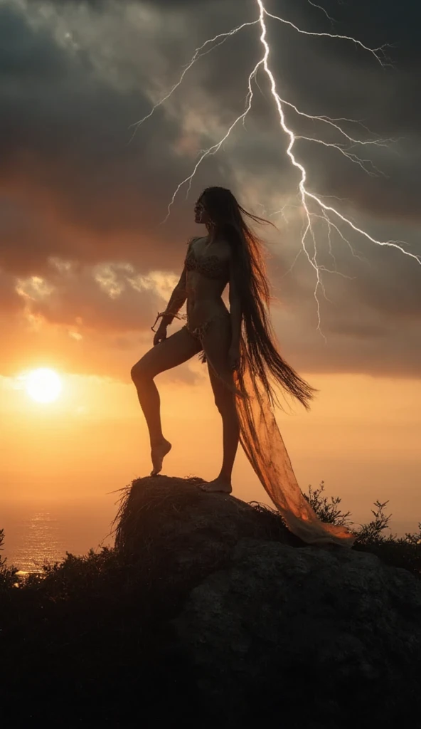 1 gorgeous nubile Belarussian Djinn, dressed as an erotic female genie, wearing an erotic version of the "I Dream Of Jeannie" costume with a gossamer neck halter top, with eyes open and with arms raised high above to worship her deity, and thrusting her pelvis far forward while doing extreme forward squatting, 3:4 full frontal body portrait, ((must use the young merged faces of Alice Eve and Nancy Kovack into best 50/50 blend)), (eyes wide open, wide open eyes, blank stare, best detailed face, best lifelike face, best lifelike nose and eyes), Grecian upstyle hairstyle with high standing ponytail, pucker lips, pale snowy colored skin, huge hoop earrings, bodacious, playboy playmate archetype, perfect bikini body, (((unrealistically huge breasts))), very sweaty, unrealistically huge cleavage, show cameltoe, show underboobs, mindless facial expression, deeply hypnotized facial expression, deeply entranced facial expression, ((brightly lit foreground, and primeval backdrop with Intense lightning strikes and severe thunderstorms towering over misty mountains)), (RAW Photo, 12K, best quality, best masterpiece, hires, best realism, best photorealism, vivid colors and natural outdoor lighting)