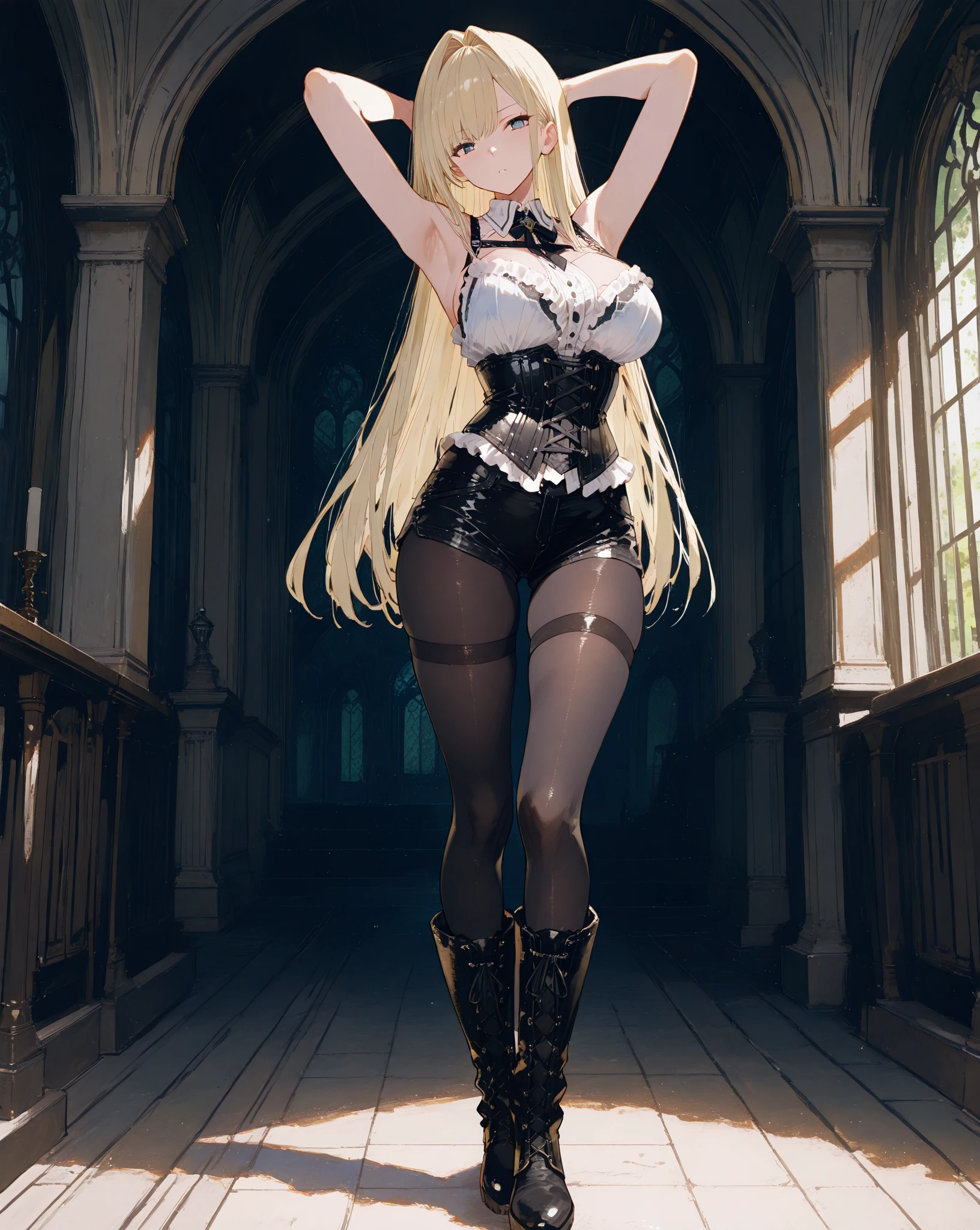 (Victorian oil painting style, best quality, highest quality, HDR, raytracing, 1girl, solo:1.3)
BREAK (full body shot:1.4) of a girl standing in front of a (gothic palace, marble floor, pillars, chandelier, large window, shiny floor:1.3), (very long blonde hair with split bangs, wavy hair, massive breasts:1.4) 
BREAK (exposed arms and shoulders:1.2), black shirt, (print on shirt:1.2), (black metal print shirt:1.4), <lora:DeathMetal:1>, (underboob:1.2), navel, midriff, thighhighs, garter straps, (grey plaid pleated tartan skirt) 
BREAK Mary Janes