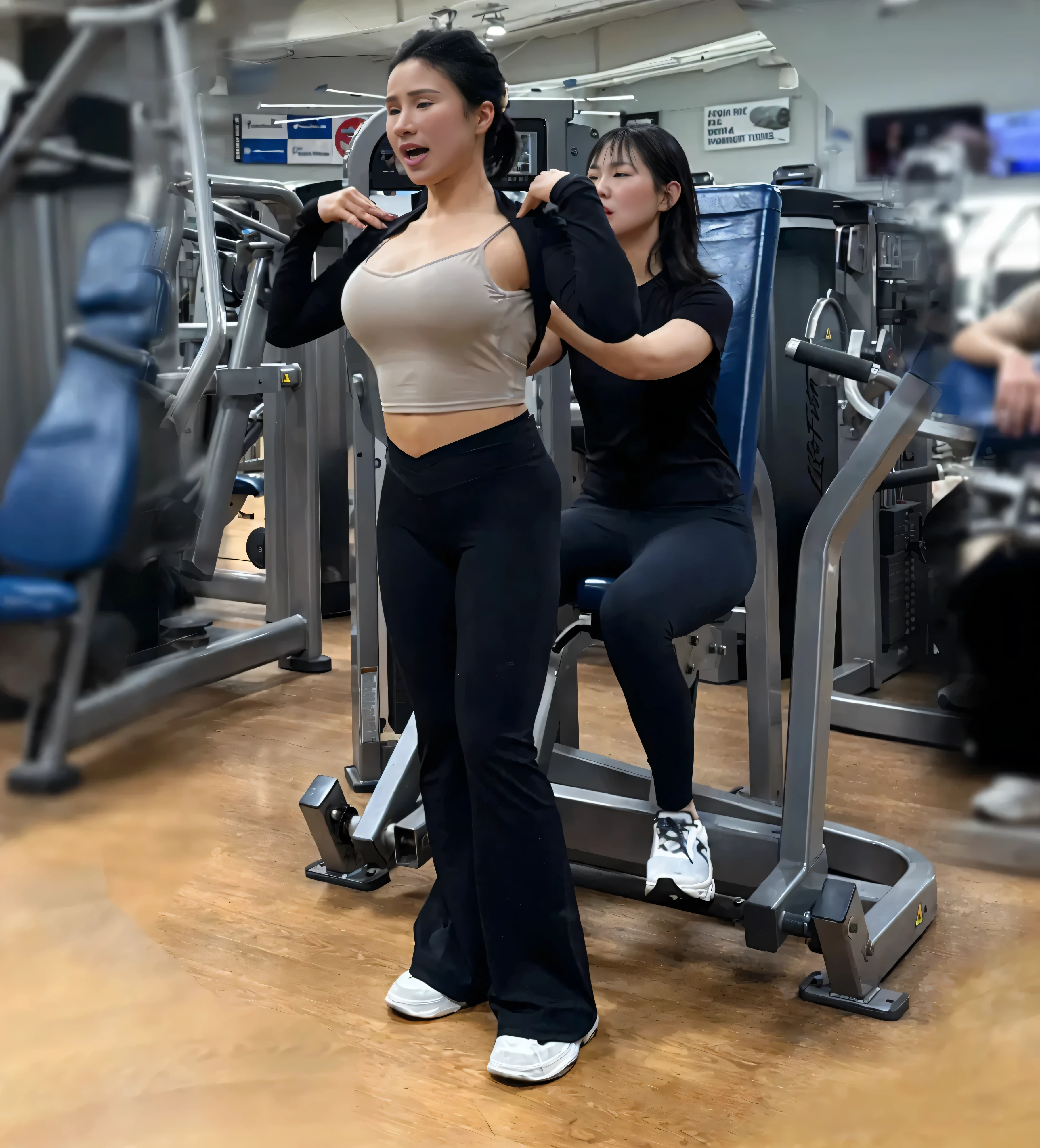(((PORE LEVEL DETAIL!!!))) (WET SHINY SKIN) One VERY BUSTY SEXY Thai girl, her mouth is open in sexy satisfying! ((Detailed perfect teeth)), there is a girl behind massaging, in a gym with a machine, chun li at the gym, in a gym, fitness body, shoulders can be seen, real shot, (( ABOUT TO BURST!!!!!!)) (detailed perfect nipples))) beautiful detailed shiny black hair, captivating and enticing, (Detailed perfect facial details), (((ultra detailed skin, Lifelike, 4k hd, DSLR, lifelike, masterpiece, natural lifelike perfect color, perfect clear lighting, breathtaking lifelike details, perfect anatomy, super detailed skin, beautiful face ultra-detailed hyper detailed face、Detailed lips、A detailed eyes, (realistic, photorealistic, photo-realistic:1.37) (Realistic), (RAW Photography), ((best quality)), (Detailed perfect facial details), ((((hyper real photo, hyperrealistic, hyperrealistic picture)) , perfect anatomy, super detailed skin, (((ultra detailed skin, Lifelike, 4k hd, DSLR, lifelike, masterpiece, natural lifelike perfect color, perfect clear lighting, breathtaking lifelike details