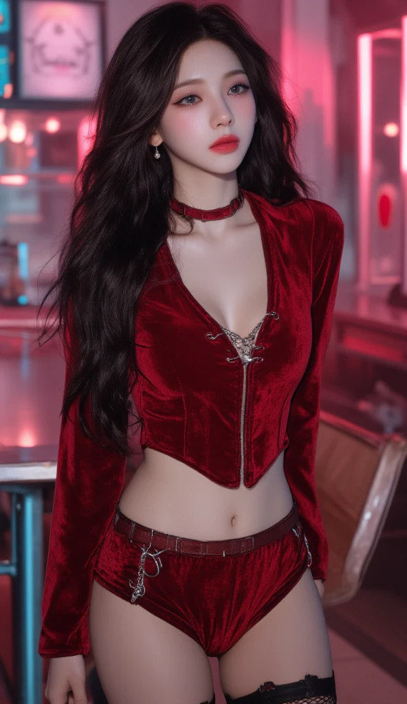 (realistic photo quality), (masterpiece), beautiful girl, black hair, slightly happy face, wearing a  red leather jacket naked, red  leather tight mini skirt, (A large moon rising over the ridges of distant mountains), (detailed face)