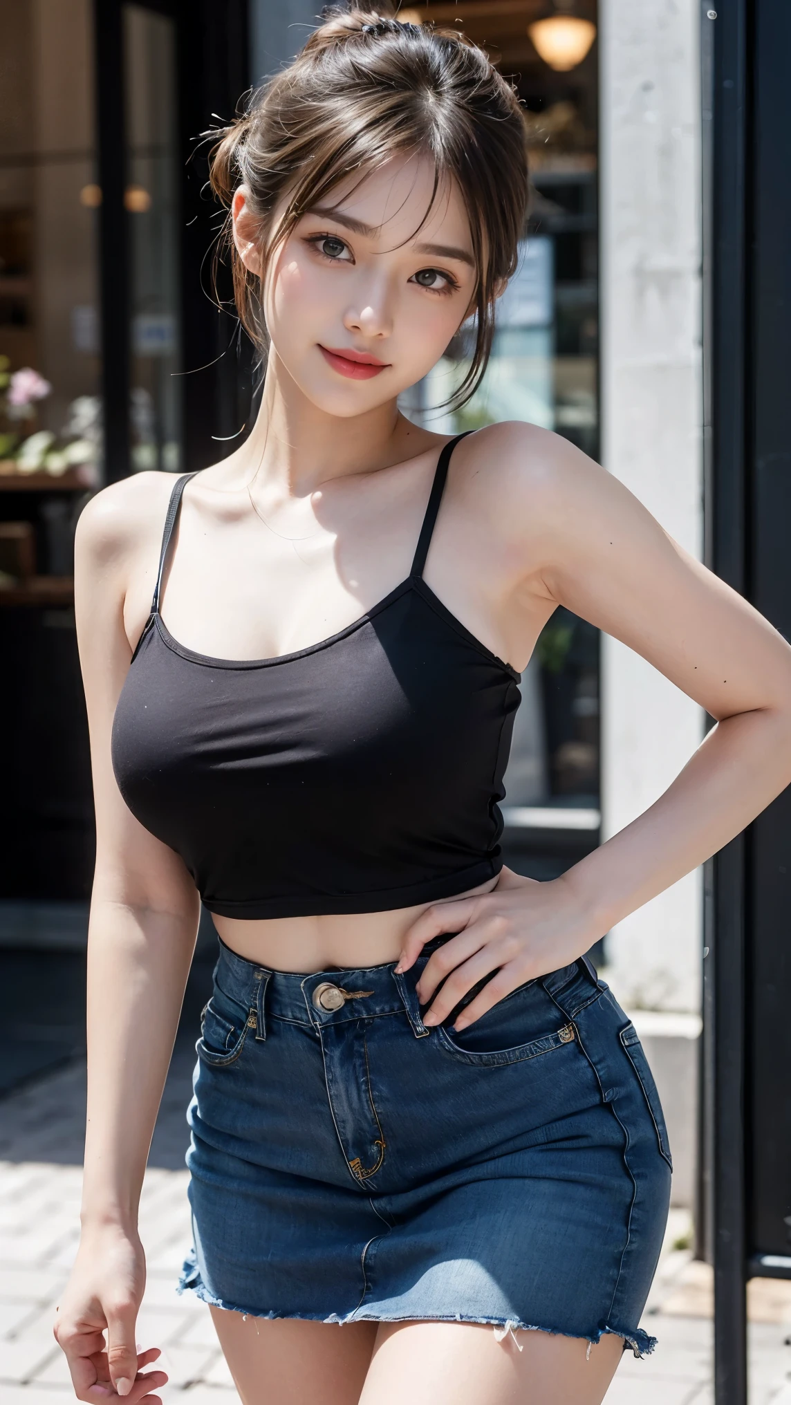 18-year-old, adorable, British girl, 15 years old, portrait ,Tank top((mini skirt))、Thighs Thighs Nose:1.1), , (high color saturation,catch light:1.0), (highly detailed skin), (highest quality:1.0), (Super high resolution:1.0) ,(photo-realistic:1.0), (super detailed:1.0), (8K, RAW photo:1.1),( smile:0.8),looking at the viewer