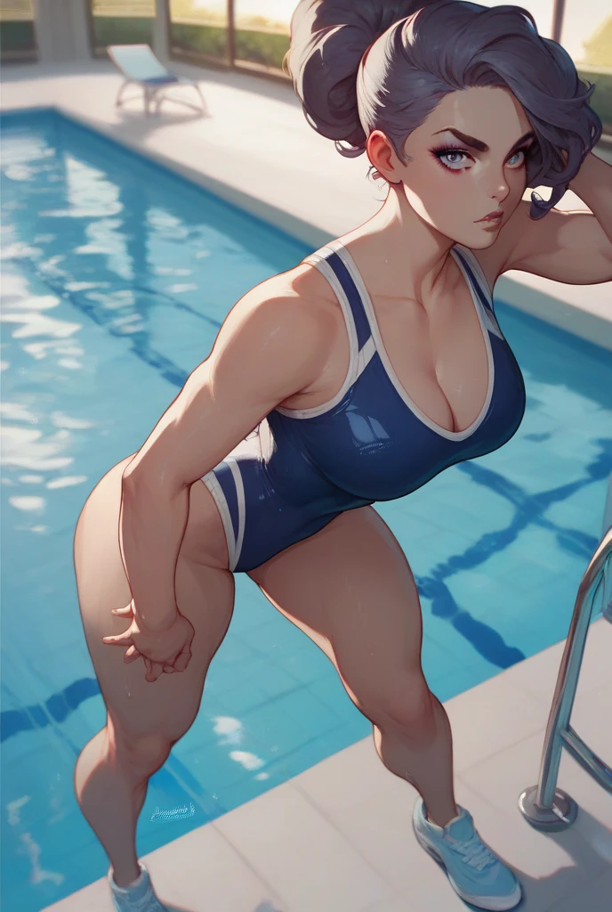 (high quality, 8k, 4K, High Contrast, masterpiece:1.2, 最high quality, Best aesthetics), , Very detailed, Seductive and erotic girl, false smile, Forced smile,Shadowy Face,blush,Embarrassing,(swollen milk), Focus on the face, Small face,Complex eyes,Poolside, Back view,Stick your butt out,turn around,Pause waiting for insertion, Black Hair,One-piece competitive swimsuit,Toned body,Muscular、bodybuilder,Muscular,Gatai is good,Big Ass,Macho