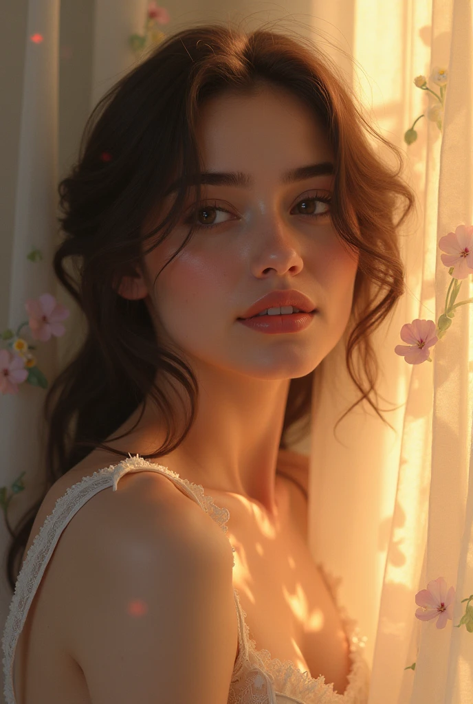 Nfsw:1.5, exposed cleavage, topless, gorgeous young shy woman, french, dusty highway, flowers in wind, fog, haze, very sweaty, dripping, hot girl, very humid, wet hair, wet body and skin, erotic victorian lingerie, sexy nightgown, showing clevage, rose petals, beautiful face, sunlit, covered in flowers and petals, godrays, cozy, wet skin, morning dew, backlighting, hazy, golden hour, morning light, erotic mood, alone, countryside, shy, masterpiece, best quality, ultra-detailed, solo, shadows, contrast, cowboy shot, cinematic light, side lighting, ultra high resolution, best shadow, RAW, 8k, sexy, cleavage