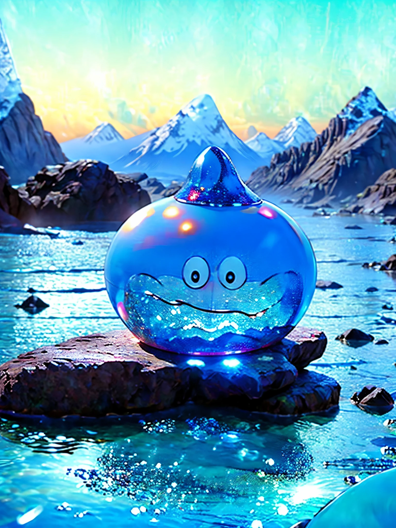 blue slime , Doraemon、 Compa、RAW photo of mountains in the distance、Half luminescence、glass texture、crystal、crystals, Emits colorful light, Split lighting, Surreal Scene , Natural rendering, fantasy, High Quality, engineering scheme figure