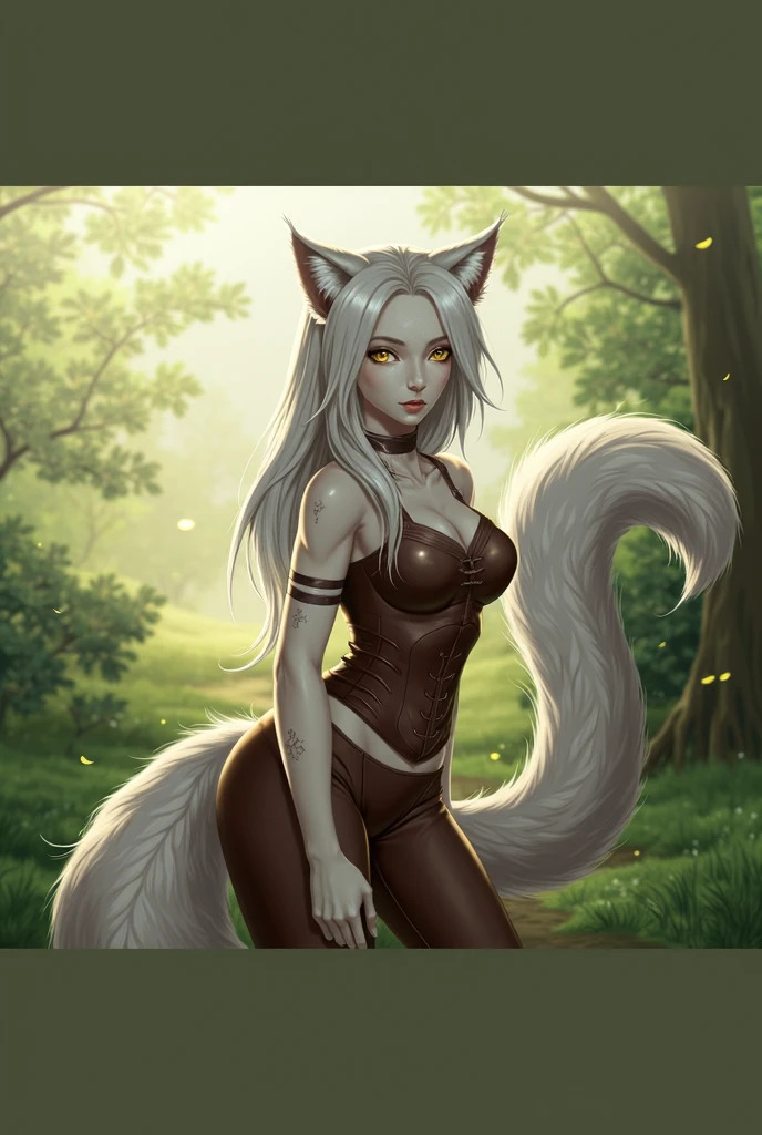 ((best quality, masterpiece, perfect anatomy, detailed picture)), furry, 1female, pantherine, two tone fur, black body, grey fur, sexy, long white hair, ponytail hair, fluffy feline tail, yellow sclera, tribal tattoo, ear rings, red blushing, in the jungle ruins, portrait, illustration, angry fangs, open mounth drooling add_detail, ojos de entre hojas de la selva, hojas grandes tapan su cuerpo, la hojas cesuran su cuerpo