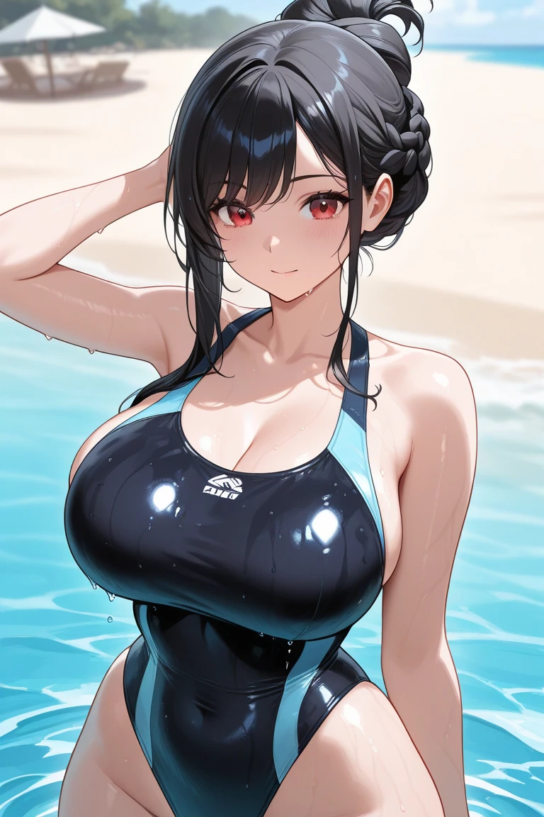 masterpiece, high resolution, beautiful woman, Korean Beauty, 20 years old, light purple bikini, beautiful woman, pool, standing and looking at me, high resolution face, (high resolution eyes), big tits, white skin, black hair