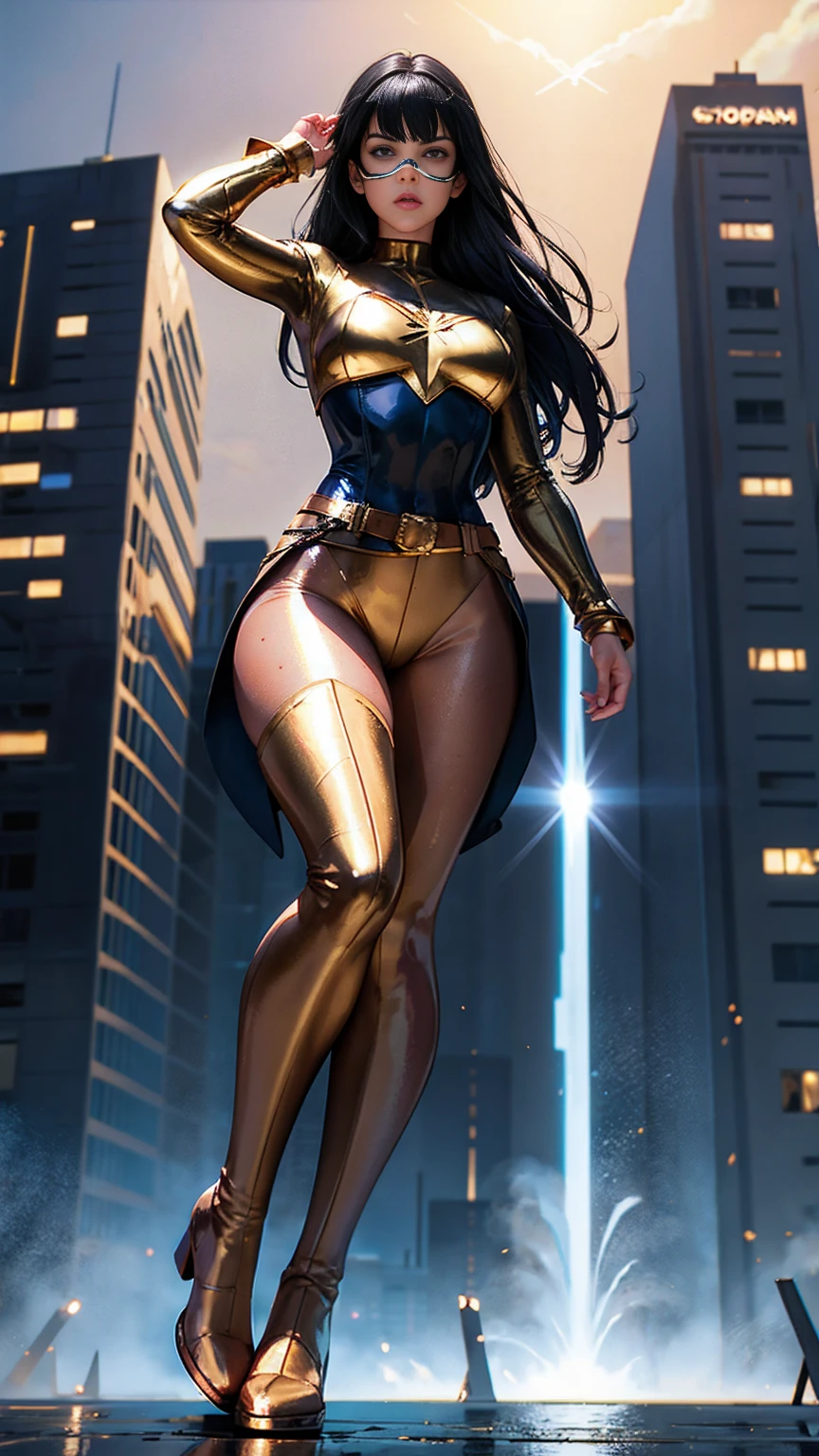 Gorgeous and sultry busty athletic (thin) brunette with sharp facial features and a (large nose) and (huge boobs) wearing a white and gold superhero leotard, cape, gloves, thigh-high boots. City skyline, rooftops.