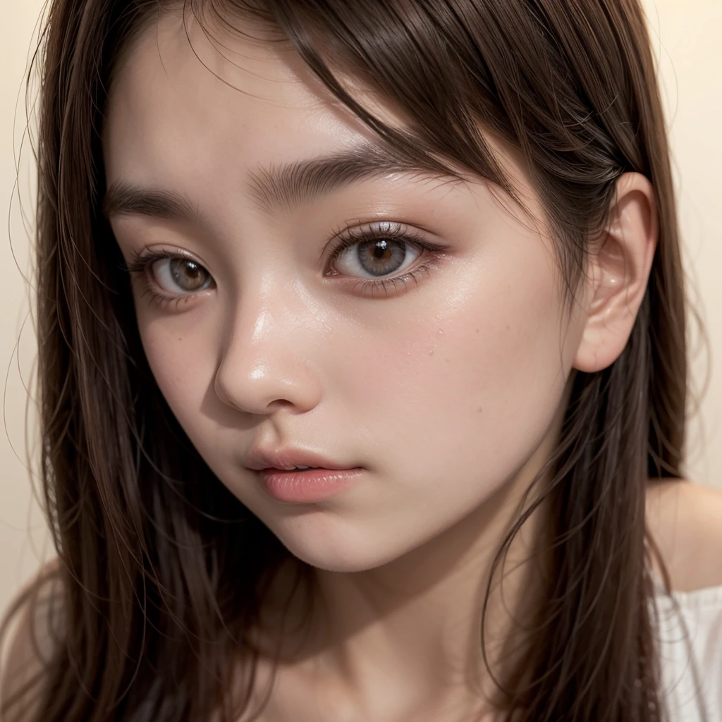 An ultra-realistic selfie of a young adult woman with tanned, mixed-texture skin, captured at a medium distance to show the face and part of the body. She has an ultra detailed face and eyes, big and hydrated lips, and long brown hair (chyolka). Dressed in a chic way, she wears sophisticated eye makeup with mascara. Warm lighting highlights the contour of the face, criando um jogo de luz e sombras. The dark, vintage background contrasts with the bright colors, especially in black. With an event-worthy hairstyle, your dark blue eyes are expressive. She is in an Instagrammable pose, spontaneous and harmonious, in a portrait that evokes a cold atmosphere, The selfie is taken in a modern room with neutral-toned walls., decorated with an abstract work of art. Ao fundo, there is a minimalist bookshelf with some organized books and small decorative objects. The floor is dark wood, and a contemporary floor lamp provides warm, soft lighting, highlighting the woman's face and creating a play of light and shadows. (long brown hair)