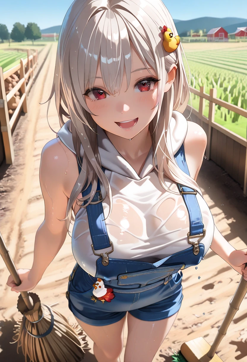 (NFSR8k, Highest quality, masterpiece:1.2), Very detailed, (High brightness:1.3), (High Contrast:1.1), (High chroma:1.1), (Anime screenshots:1.20), ((A girl who is 120cm tall:1.30)), ((hair ornaments:1.2)), (Hair between the eyes, Silver Hair, bangs, Medium Hair), Green Eyes, skin, Front angle, (((Both sides up:1.10))), ((Beautiful Eyes:1.2)), (cute eyes:1.2), ((Eye for details:1.5)), cute, (((((smile:1.30, Open your mouth))))), (((((Poor breasts:1.30))))), (((((Her entire breasts are visible through her tank top:1.40, Nipple peeking))))), (((A black tank top with a very low neckline:1.30))), ((the body is slim:1.10)), ((blush)), (Outdoor, Beach, Day), ((whole body:1.2)), (((((Prostration:1.40, Place your hands on the ground in front of you, Keep your knees on the ground)))), (Shiny skin:1.10), (Oilskin:1.5), (((Basic structure of the human body:1.60))), (((Female organ:1.20))), ((barefoot:1.10))