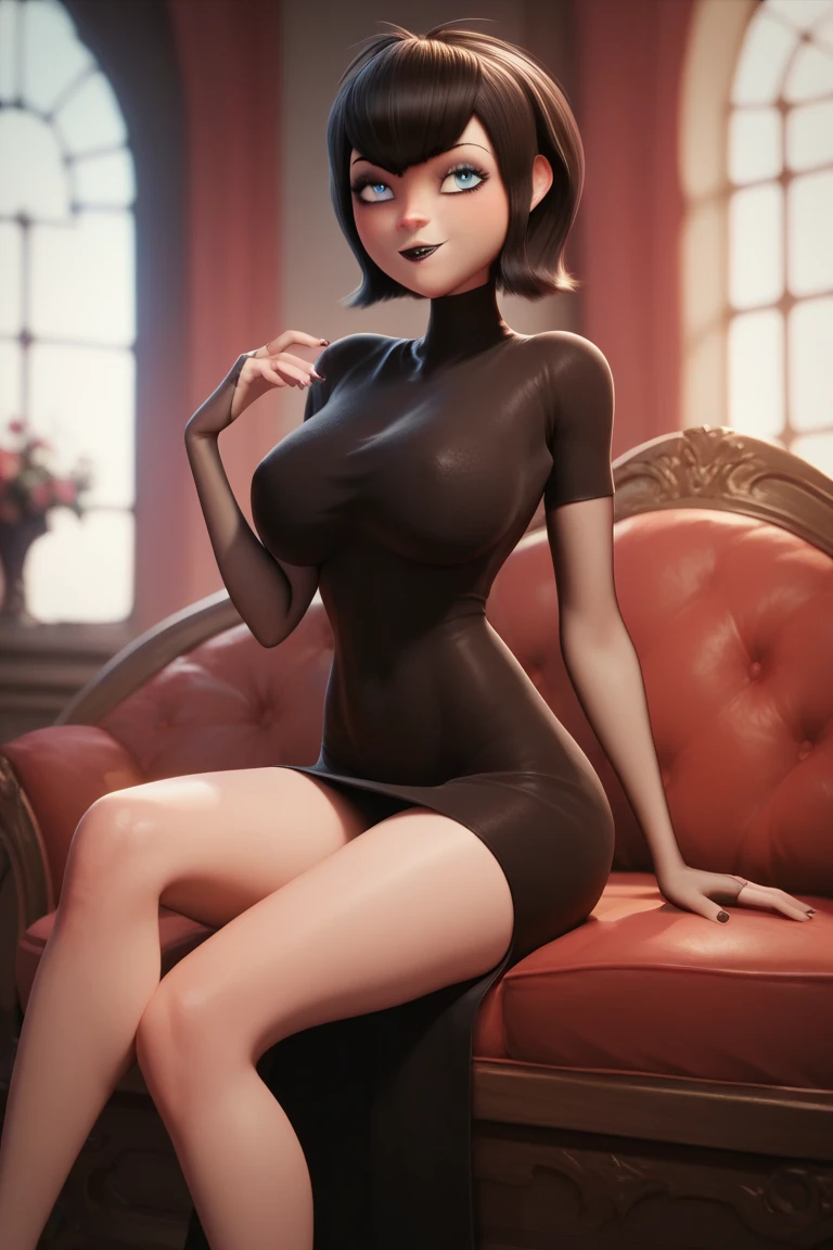 ((ultra quality)), ((tmasterpiece)), mavis dracula, ((Black, Short Hair Hair)), (Beautiful cute face), (beautiful female lips), Charming, ((sexy facial expression)), looking at the camera smiling softly, eyes are slightly closed, (Skin color: white), Body glare, wet body ((detailed beautiful female eyes)), ((dark blue eyes)), (juicy female lips), (beautiful female hands), ((perfect female figure)), perfect female body, Beautiful waist, Gorgeous hips, Beautiful medium breasts, ((Subtle and beautiful)), seductively worth it (), (dressed in Mavis clothes, brown bodycon dress, with closed neck, striped stockings,) background: in a house ((Depth of field)), ((high quality clear image)), (crisp details), ((higly detailed)), Realistic, Professional Photo Session, ((Clear Focus)), the anime