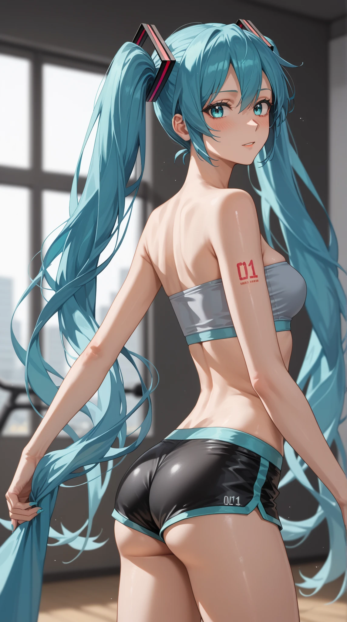 character Nijimi Anazawa
anime style
two ponytails with elastic bands in the shape of cherries red 
pale blue hair
cute 
blue eyes
blue eyelashes
square bangs